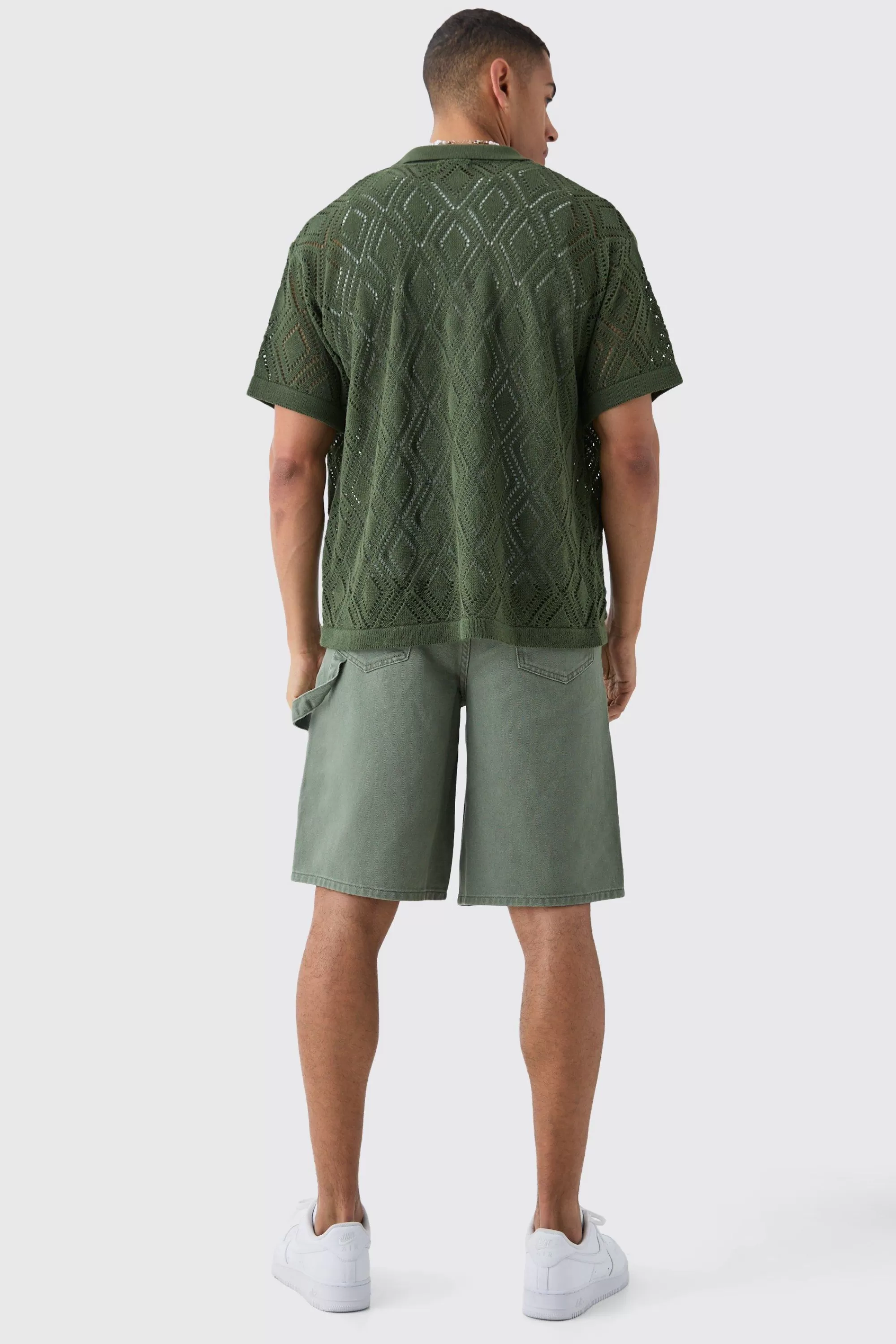 boohooMAN Boxy Oversized Patterned Open Stitch Knitted Shirt | UK