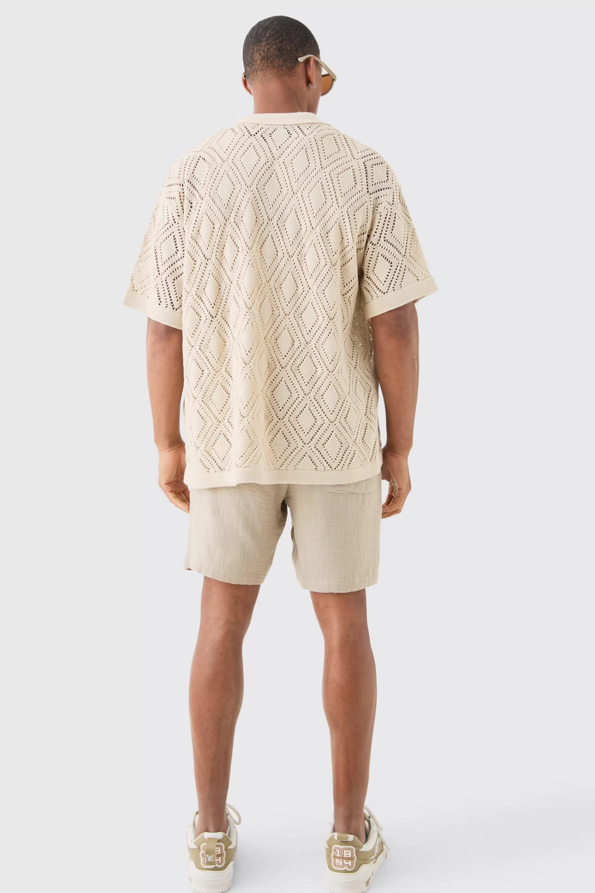 boohooMAN Boxy Oversized Patterned Open Stitch Knitted Shirt | UK