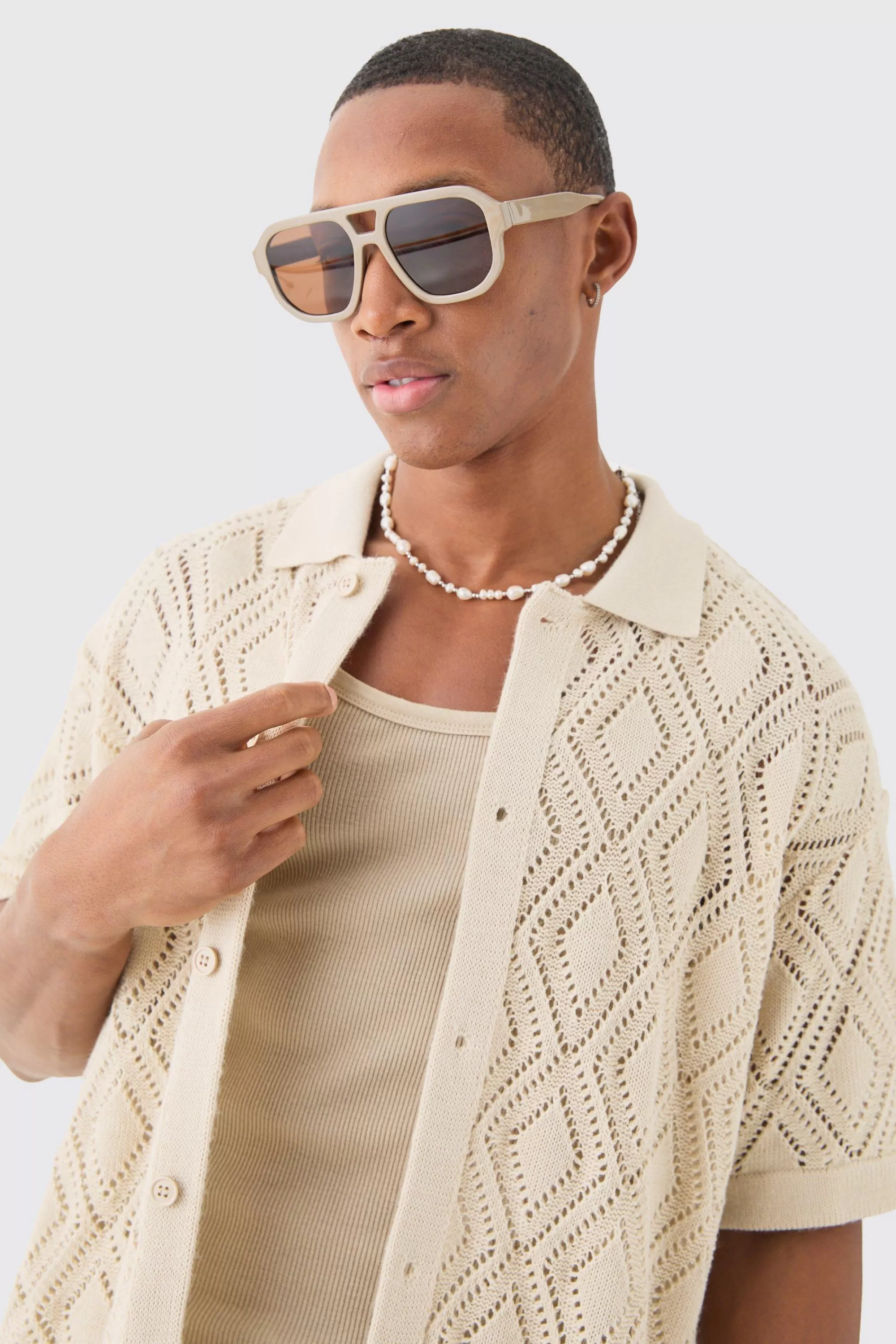 boohooMAN Boxy Oversized Patterned Open Stitch Knitted Shirt | UK