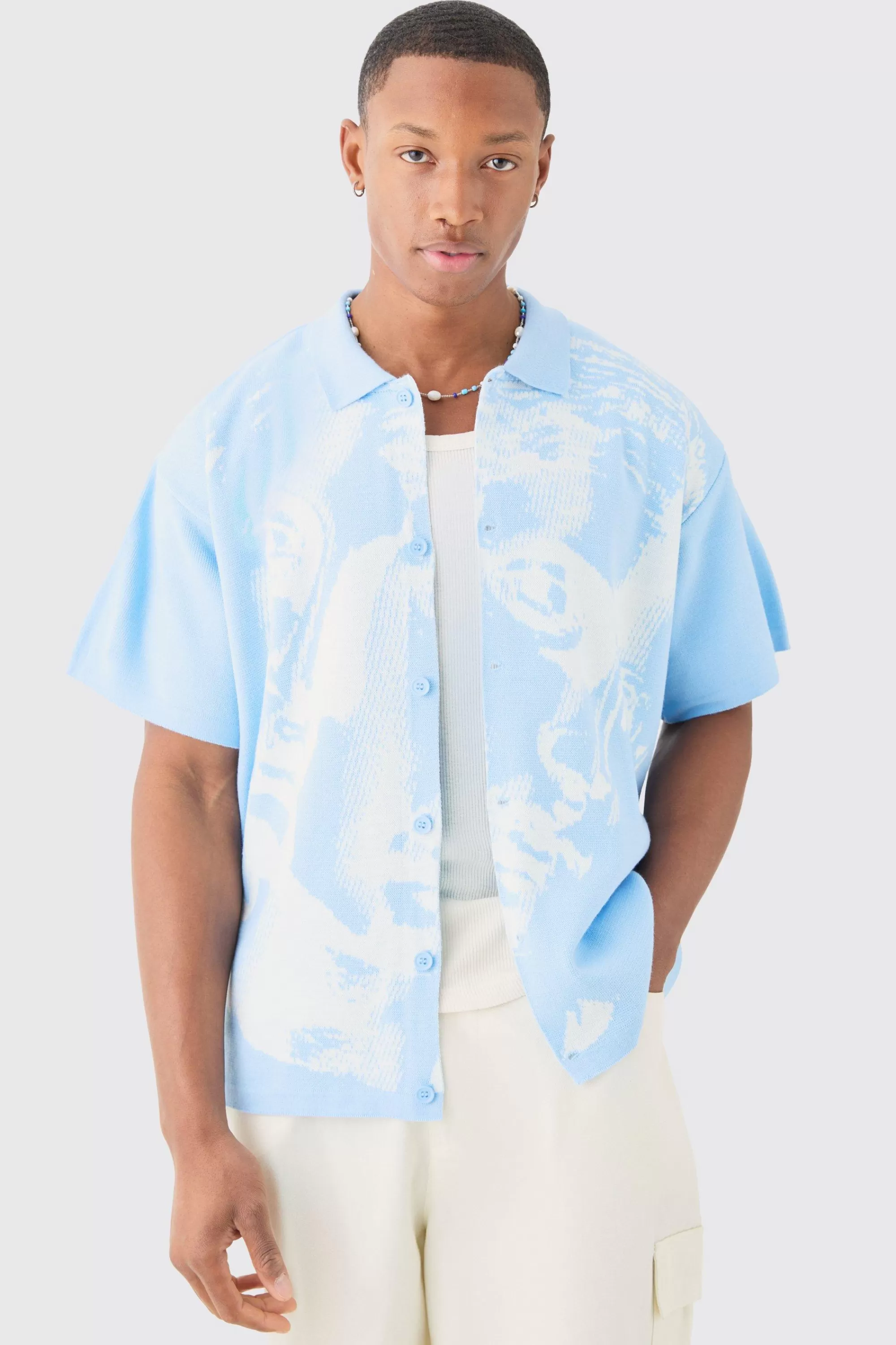 boohooMAN Boxy Oversized Renaissance Drawing Knitted Shirt | UK