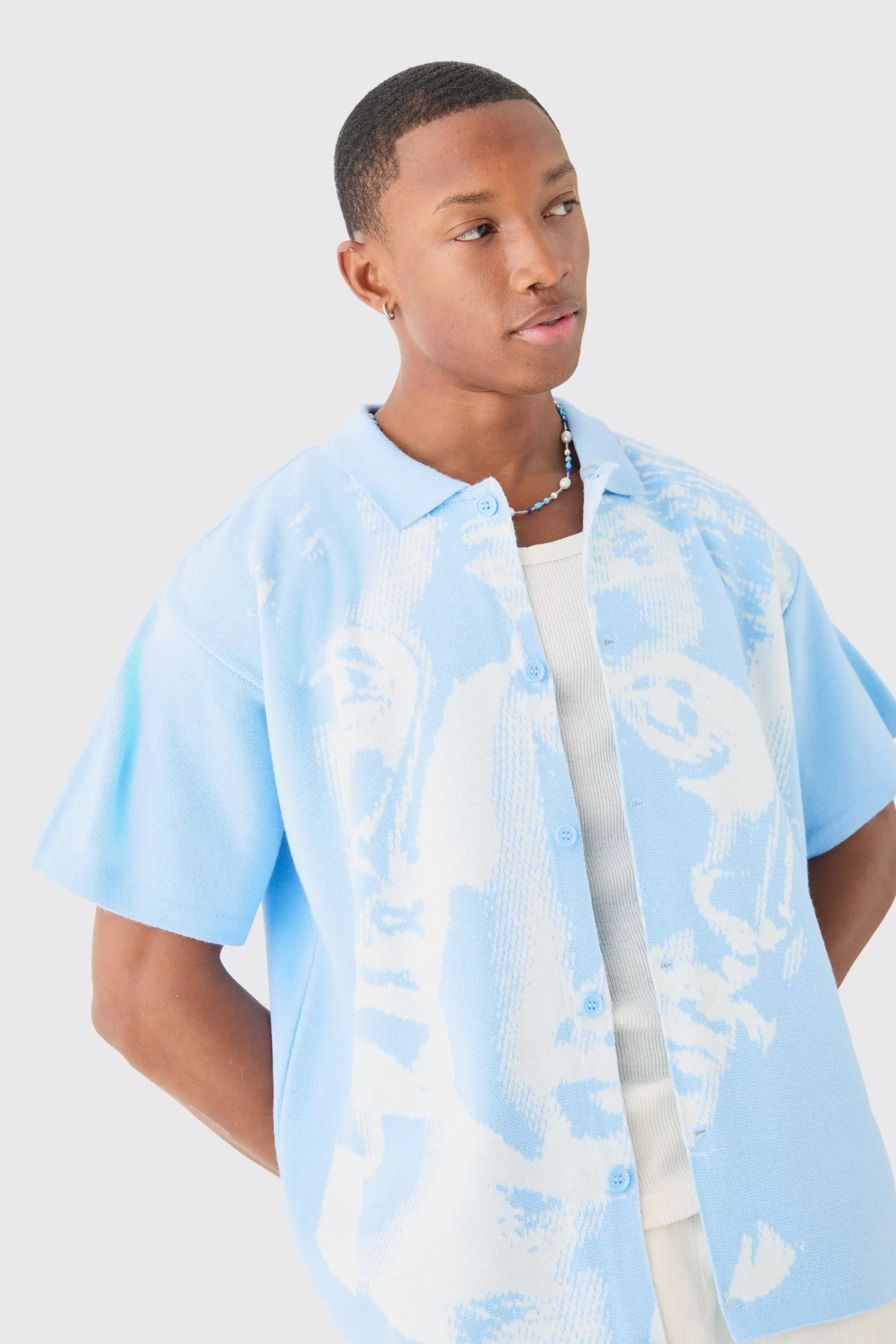 boohooMAN Boxy Oversized Renaissance Drawing Knitted Shirt | UK