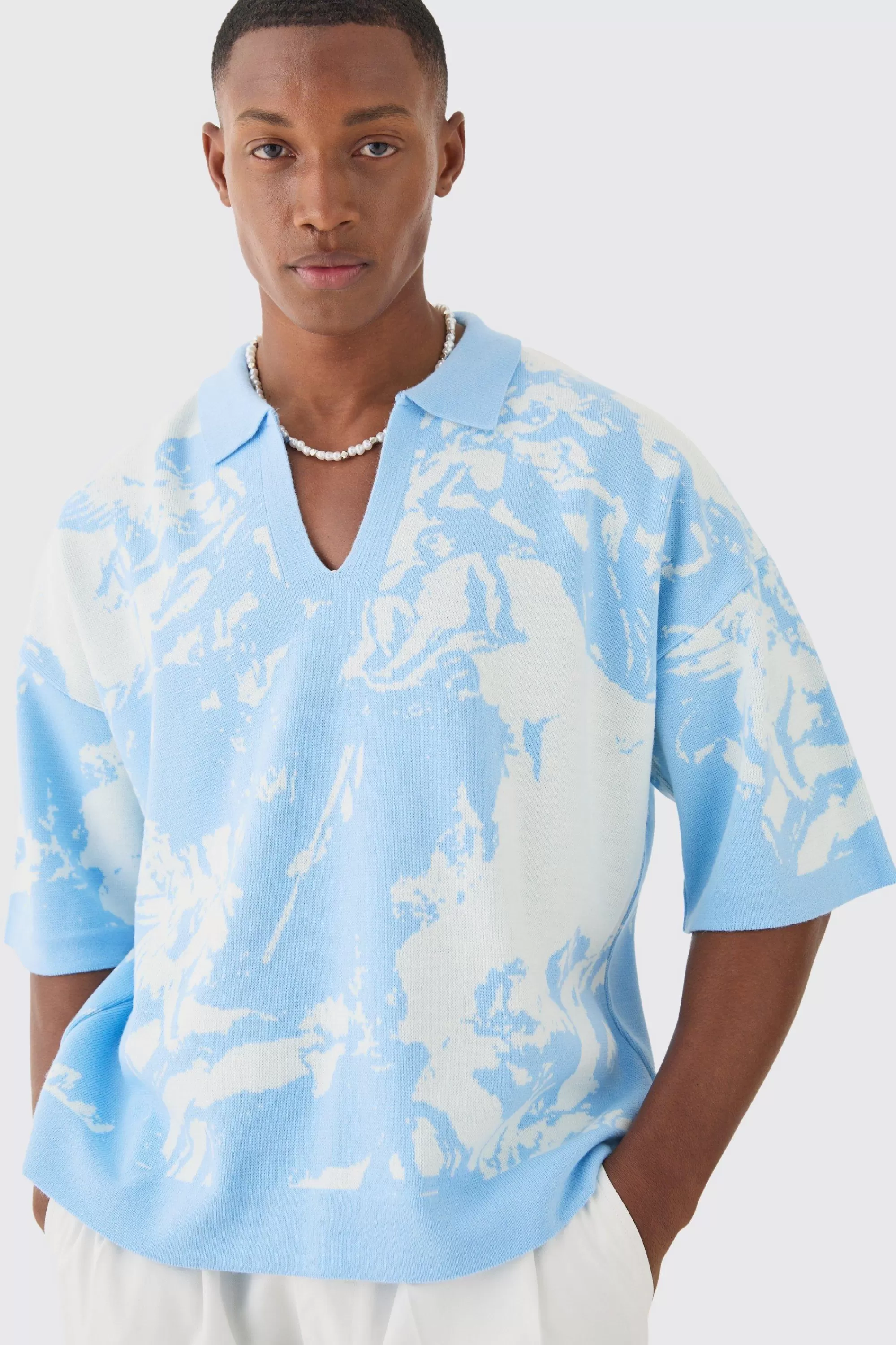 boohooMAN Boxy Oversized Renaissance Graphic Knit Polo | UK