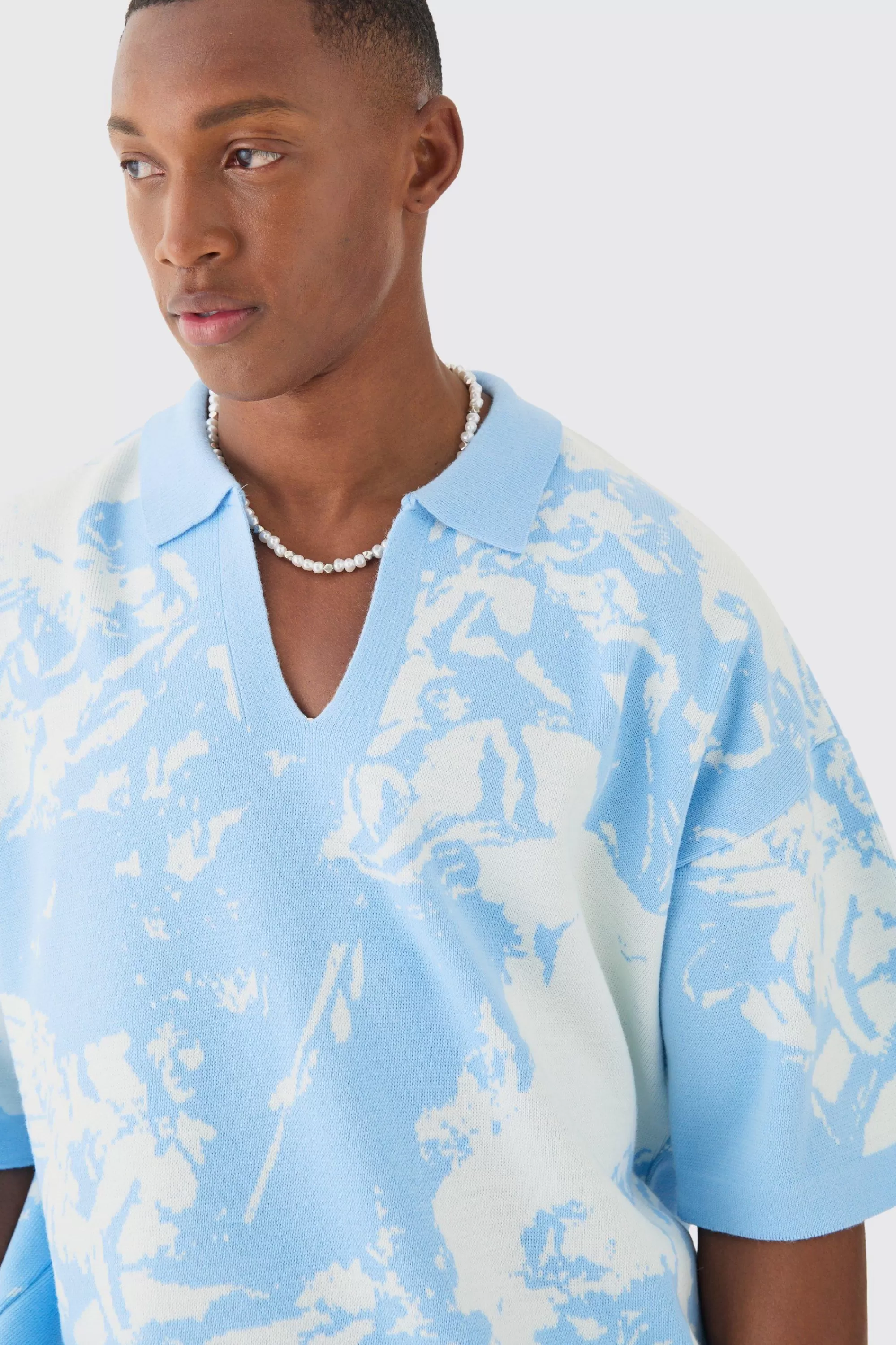 boohooMAN Boxy Oversized Renaissance Graphic Knit Polo | UK