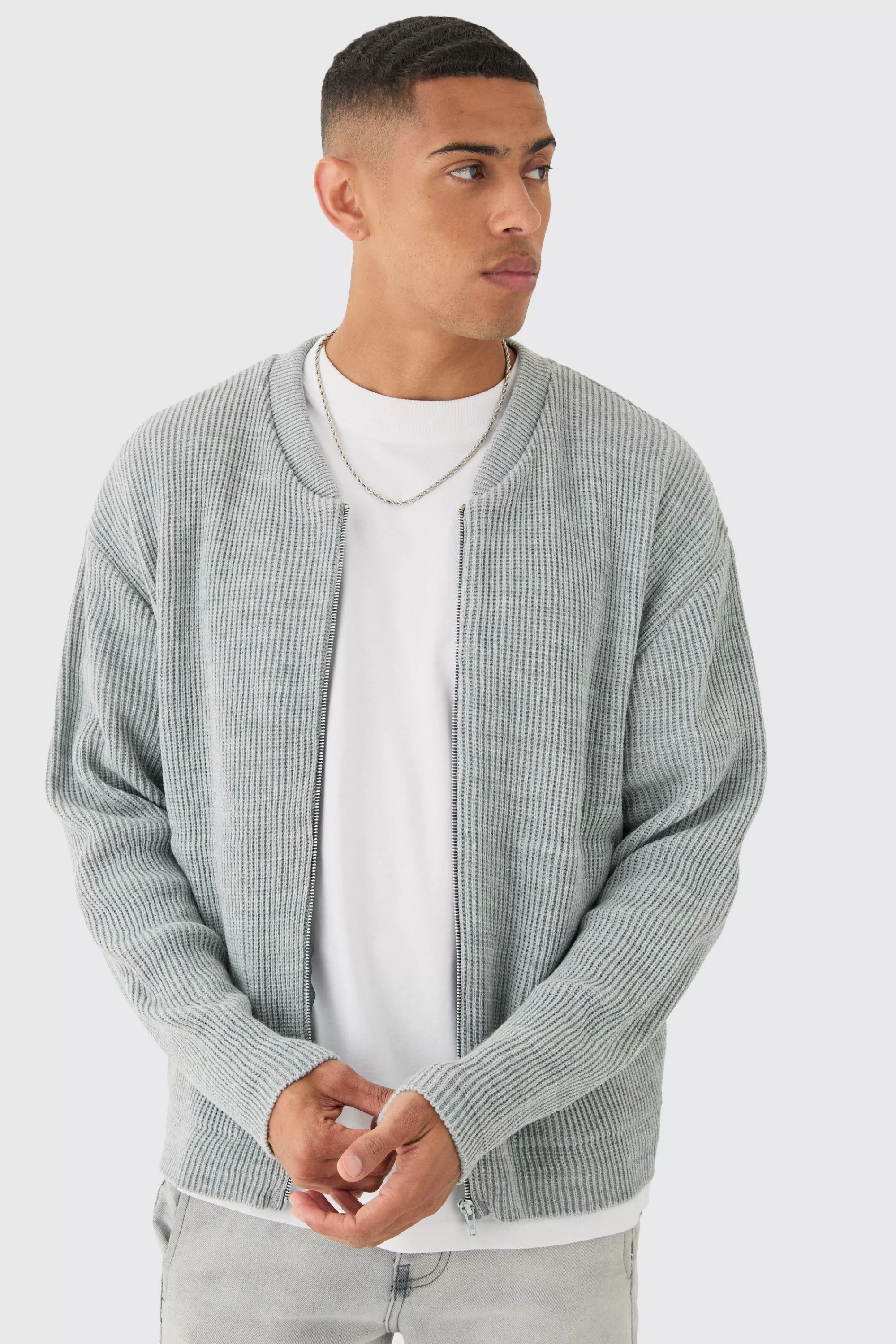 boohooMAN Boxy Oversized Ribbed Knit Bomber | UK