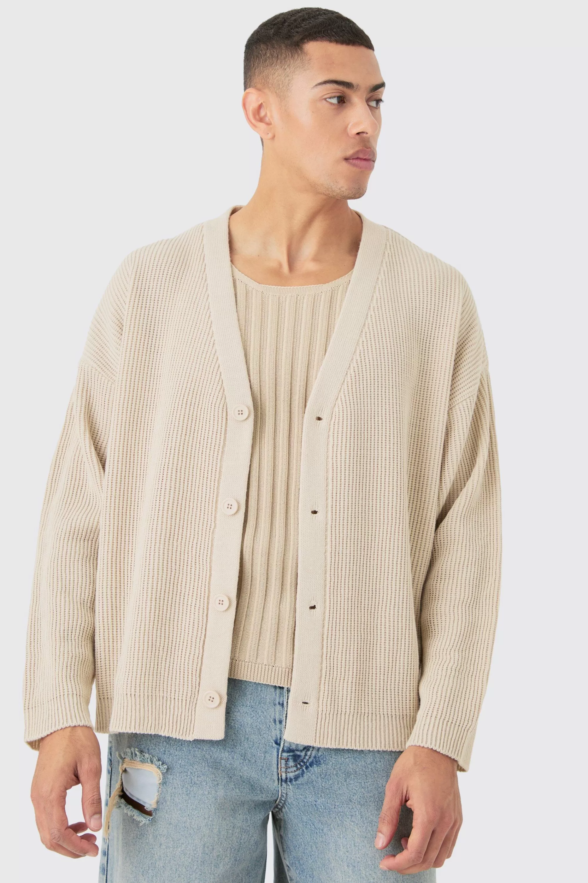 boohooMAN Boxy Oversized Ribbed Knit Cardigan | UK