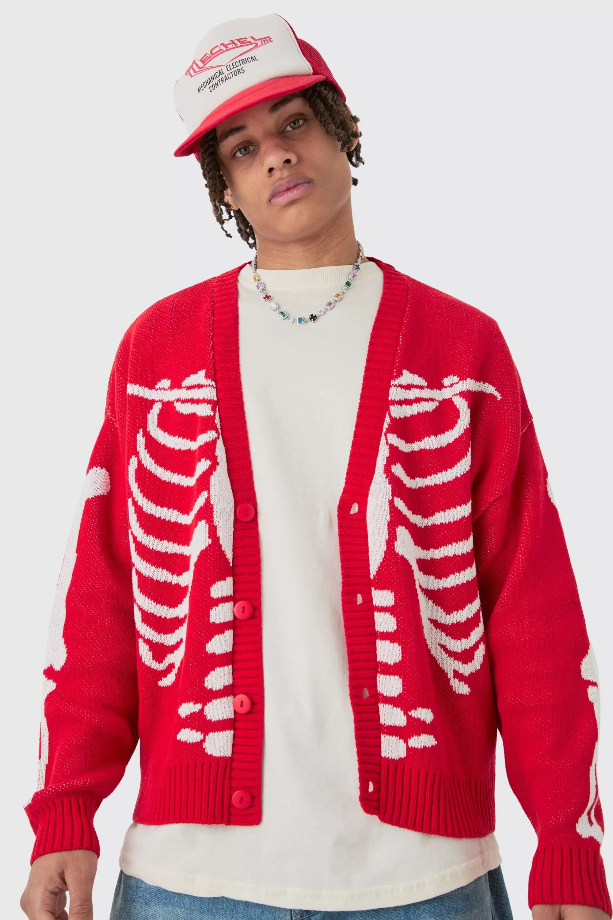 boohooMAN Boxy Oversized Skeleton Cardigan | UK