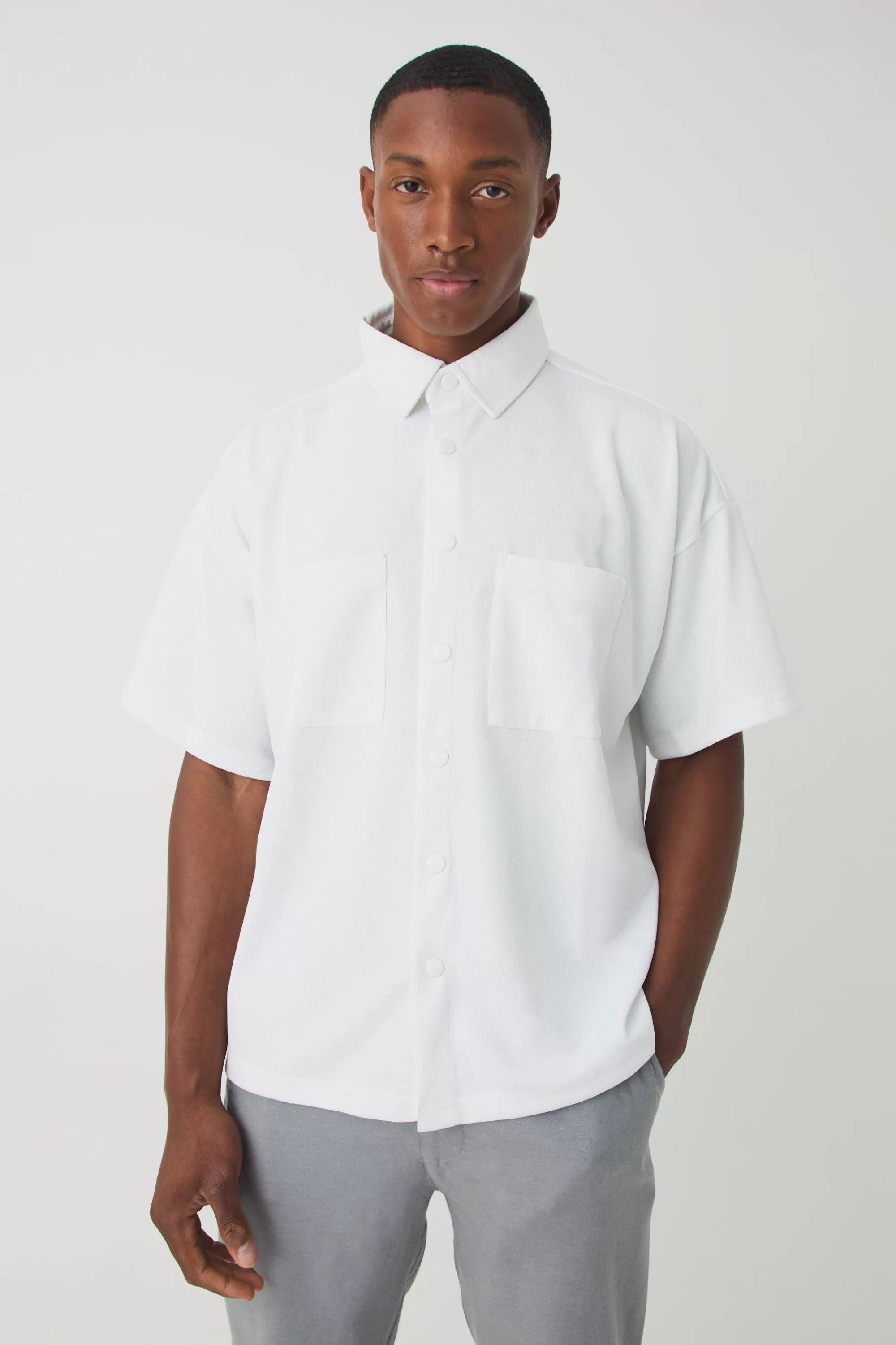boohooMAN Boxy Pique Interlock Utility Pocket Shirt | UK