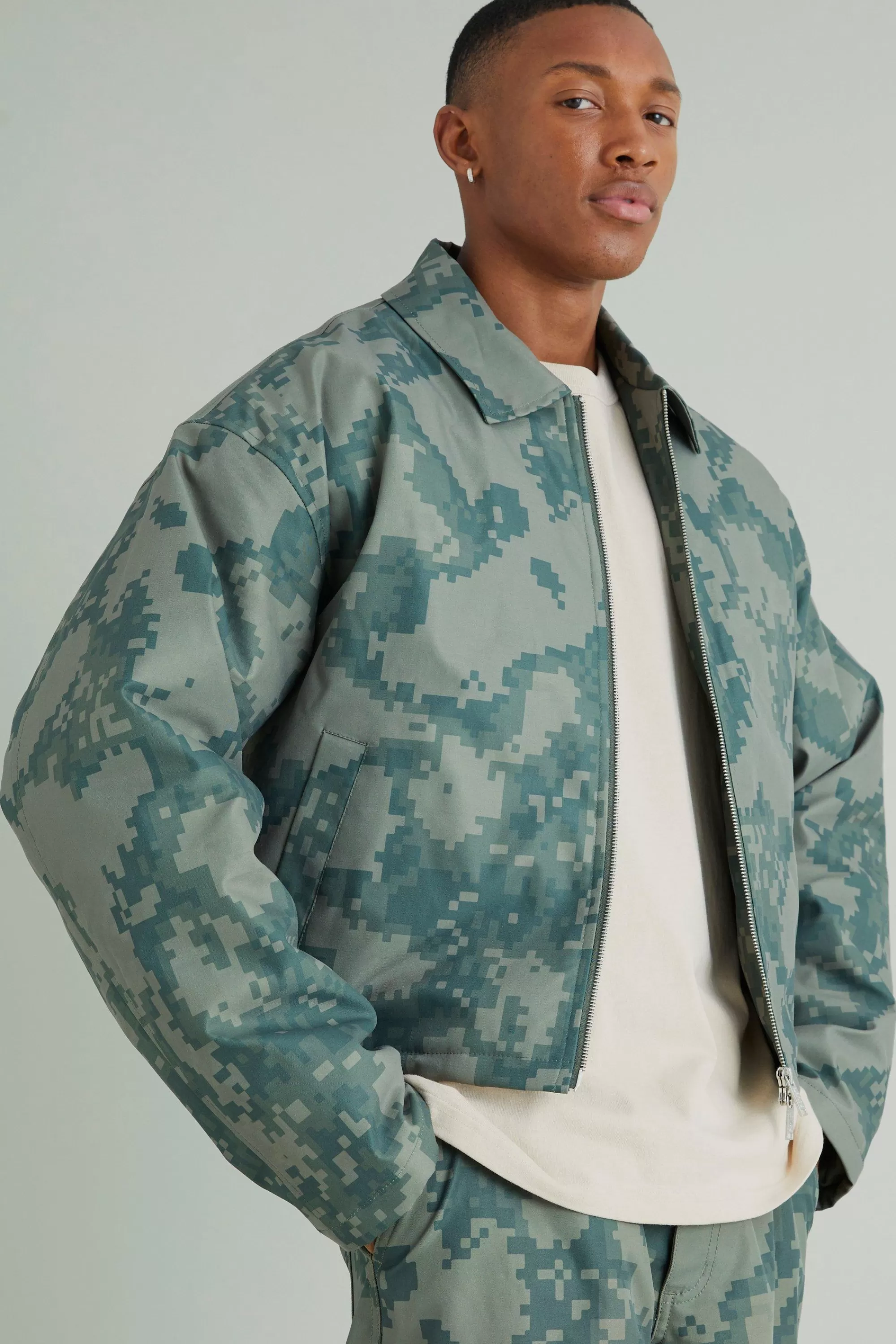 boohooMAN Boxy Pixelated Camo Harrington | UK