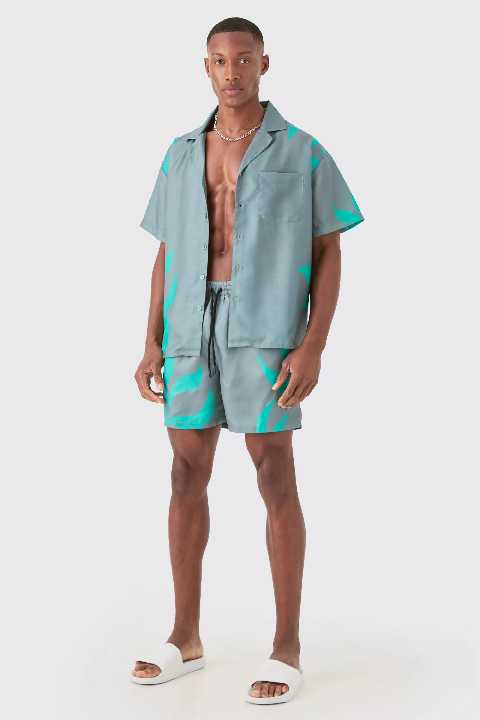 boohooMAN Boxy Printed Shirt And Swim Short Set | UK