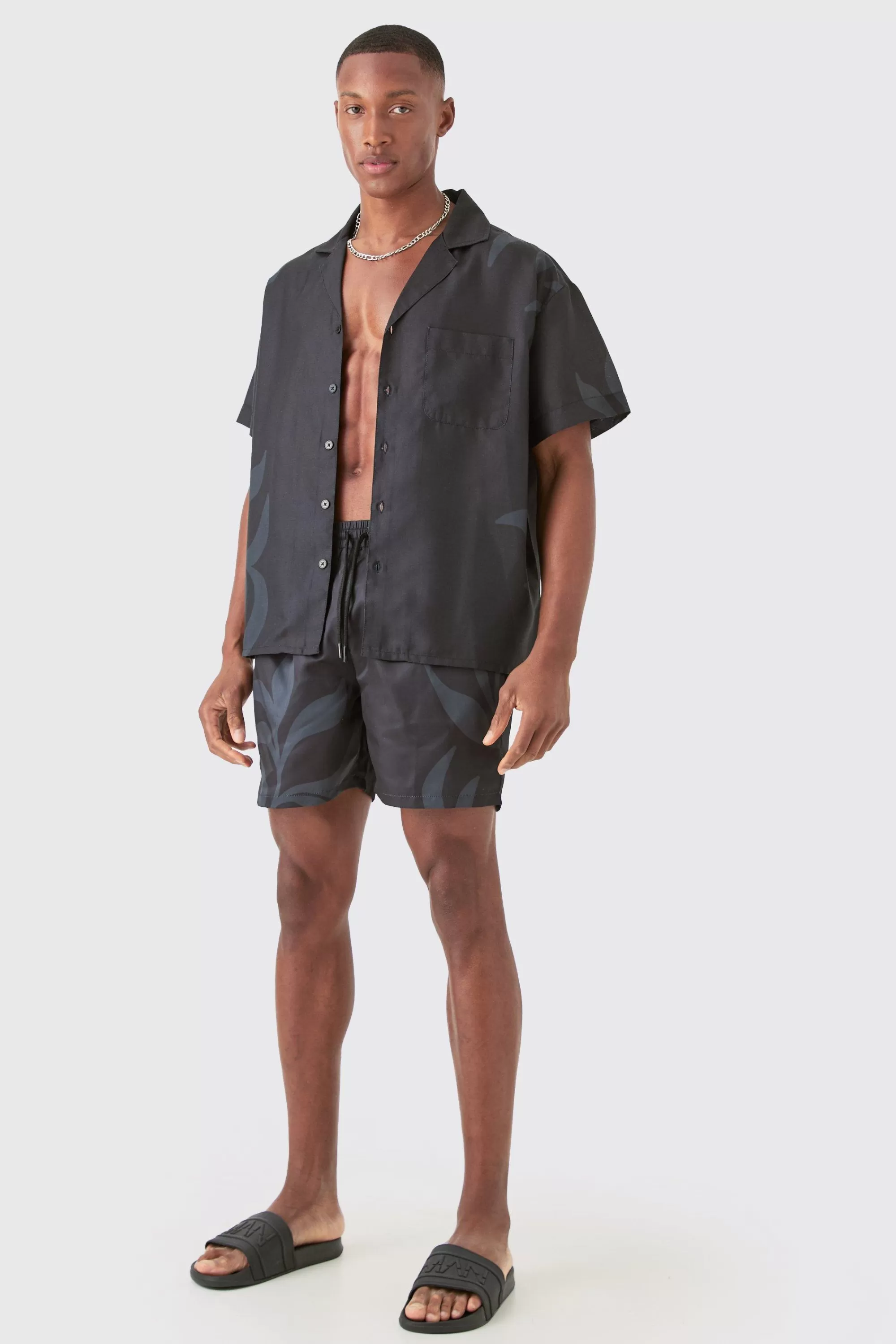 boohooMAN Boxy Printed Shirt And Swim Short Set | UK
