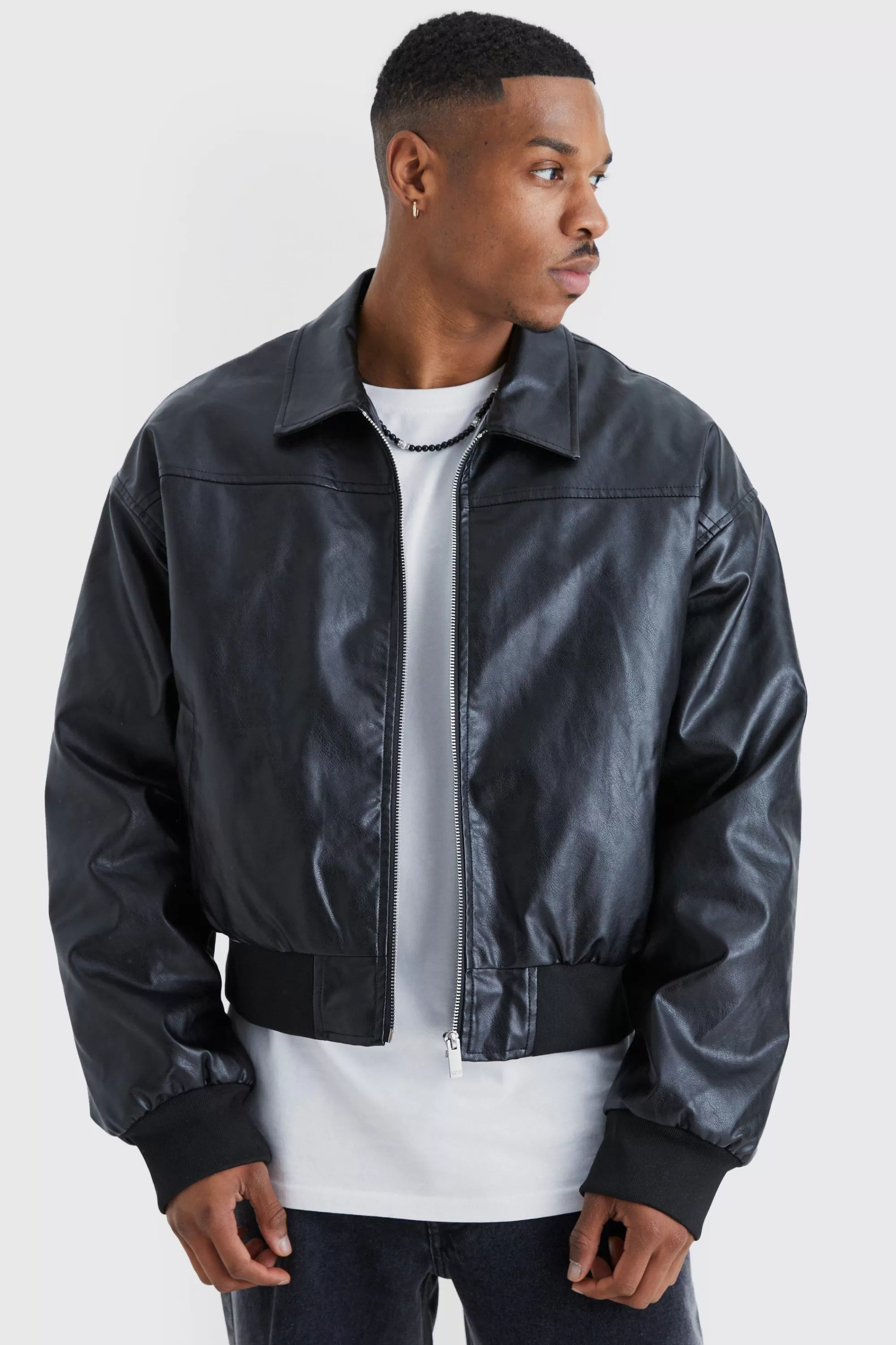 boohooMAN Boxy Pu Collared Bomber | UK