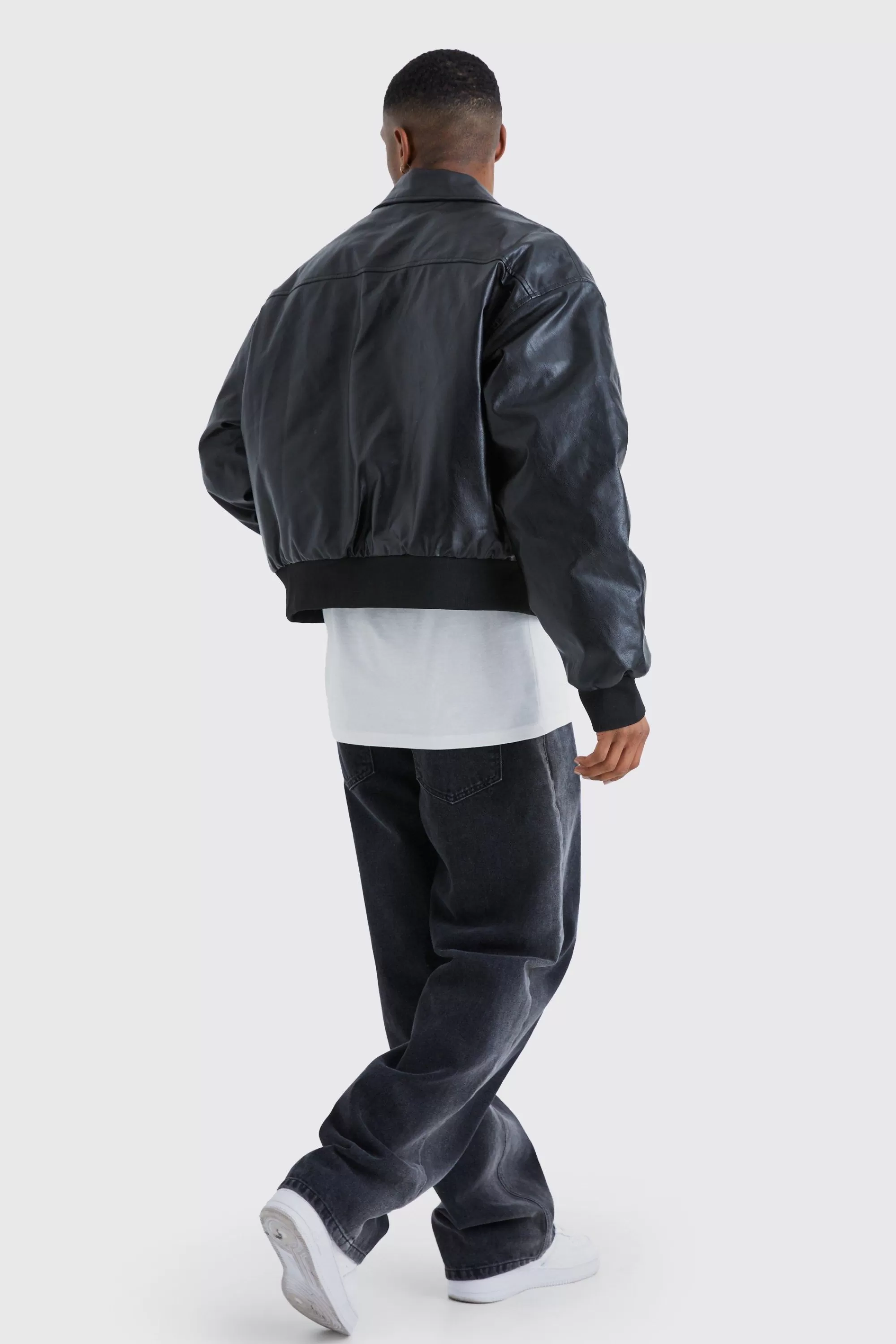 boohooMAN Boxy Pu Collared Bomber | UK