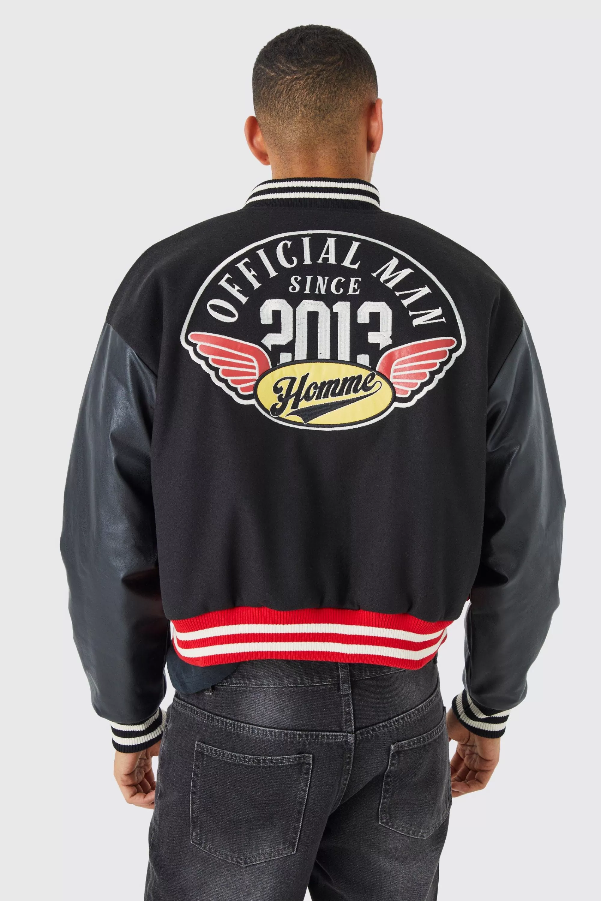 boohooMAN Boxy Pu Colourblock Varsity Jacket | UK