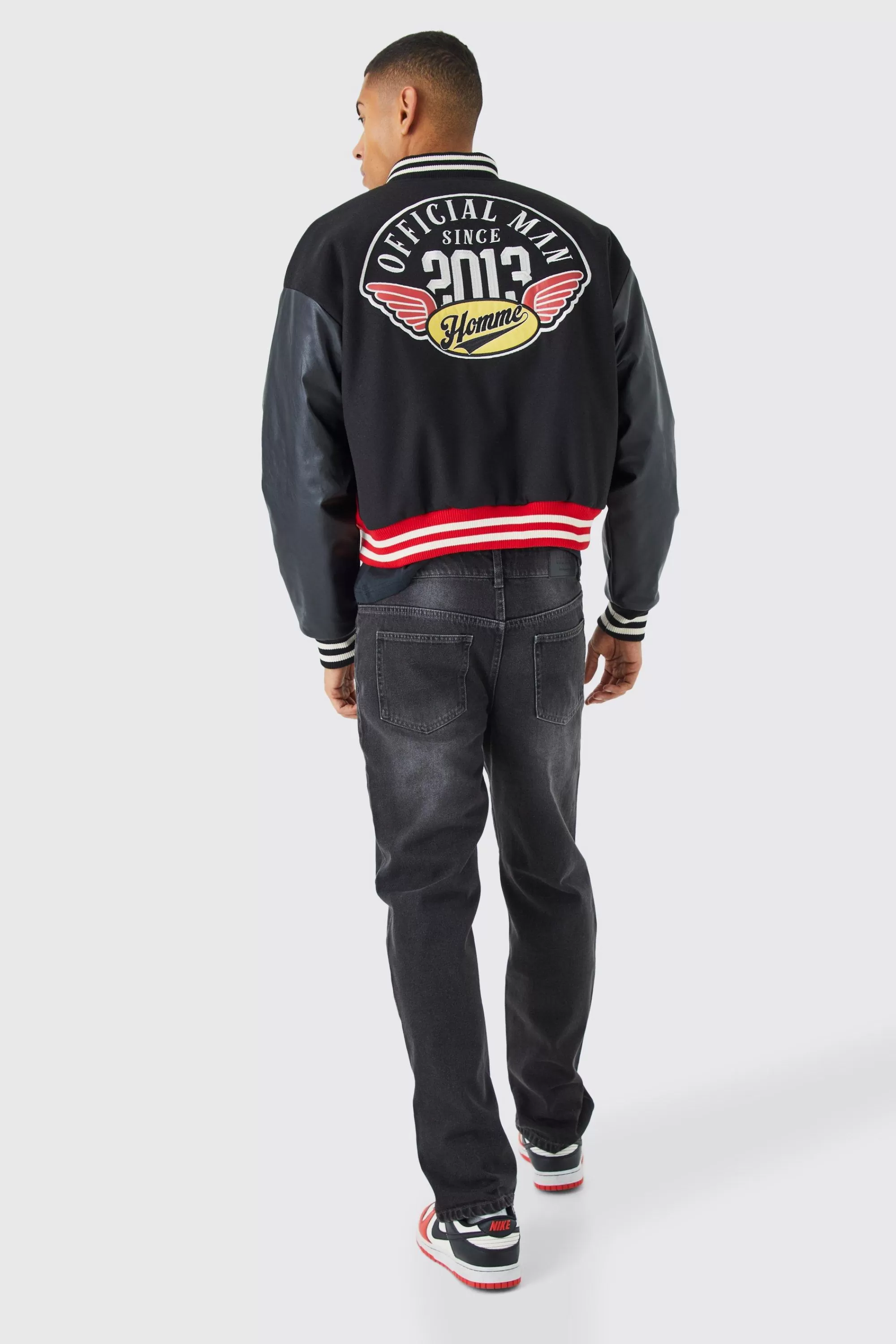 boohooMAN Boxy Pu Colourblock Varsity Jacket | UK