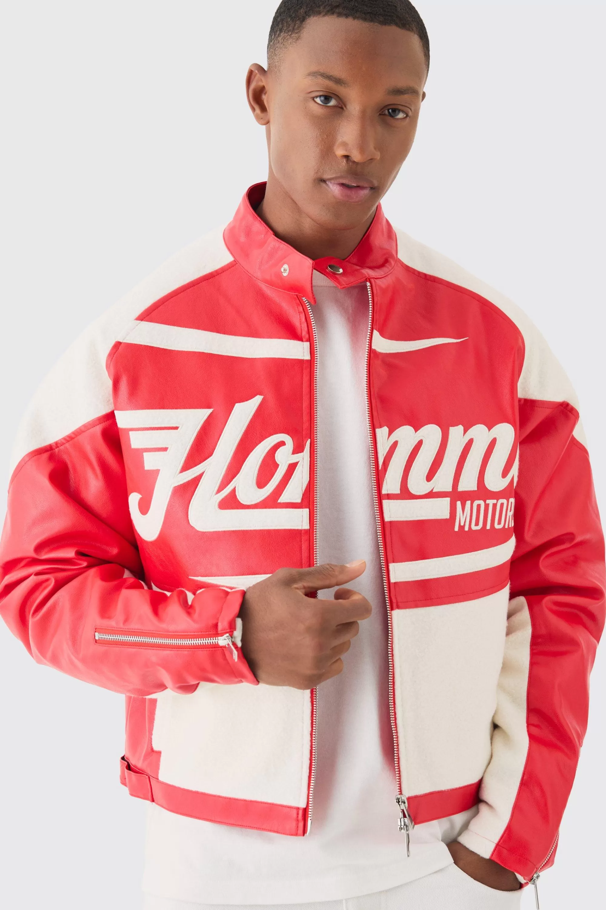 boohooMAN Boxy Pu Contrast Boucle Panel Moto Jacket | UK