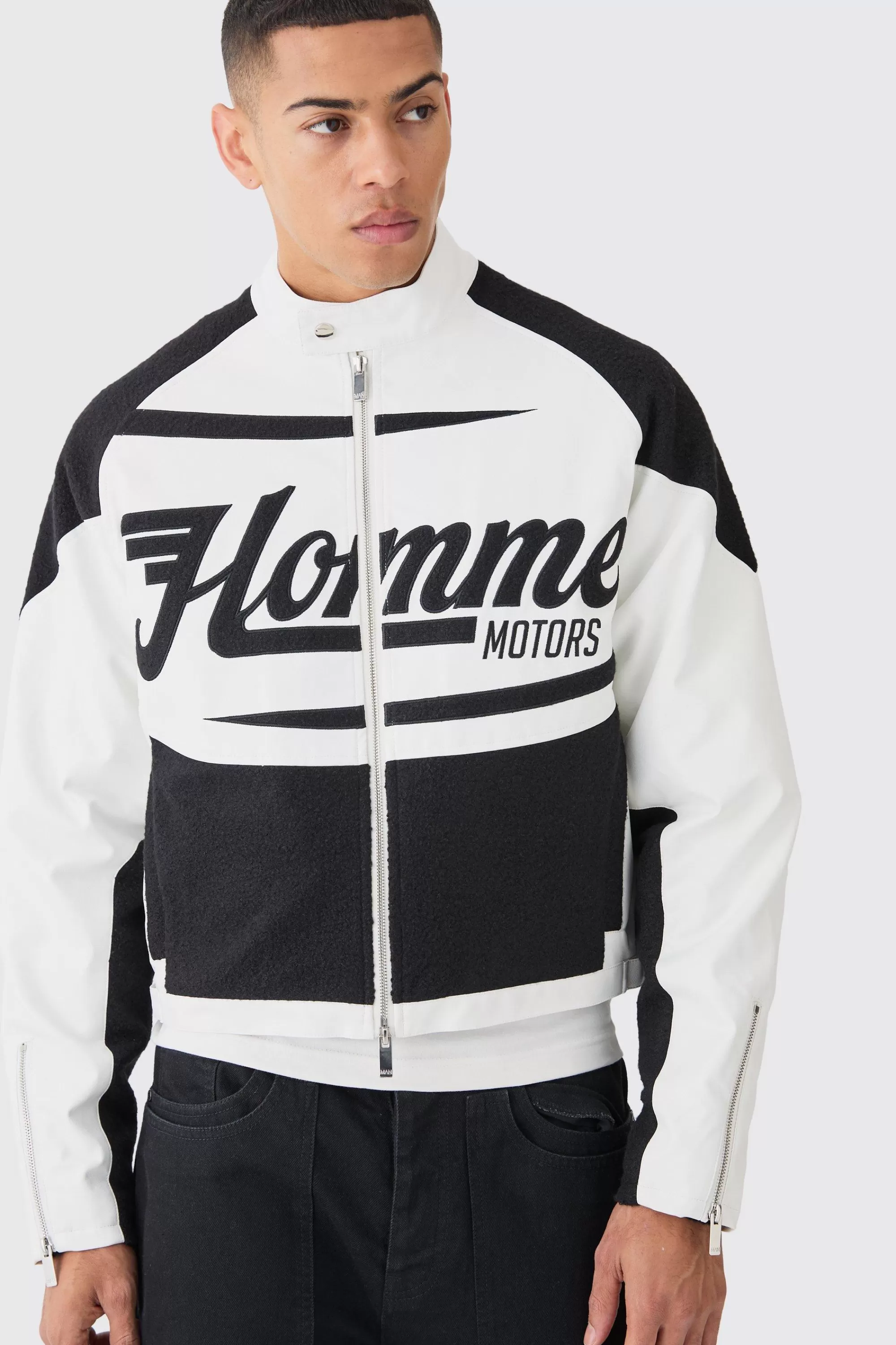 boohooMAN Boxy Pu Contrast Boucle Panel Moto Jacket | UK