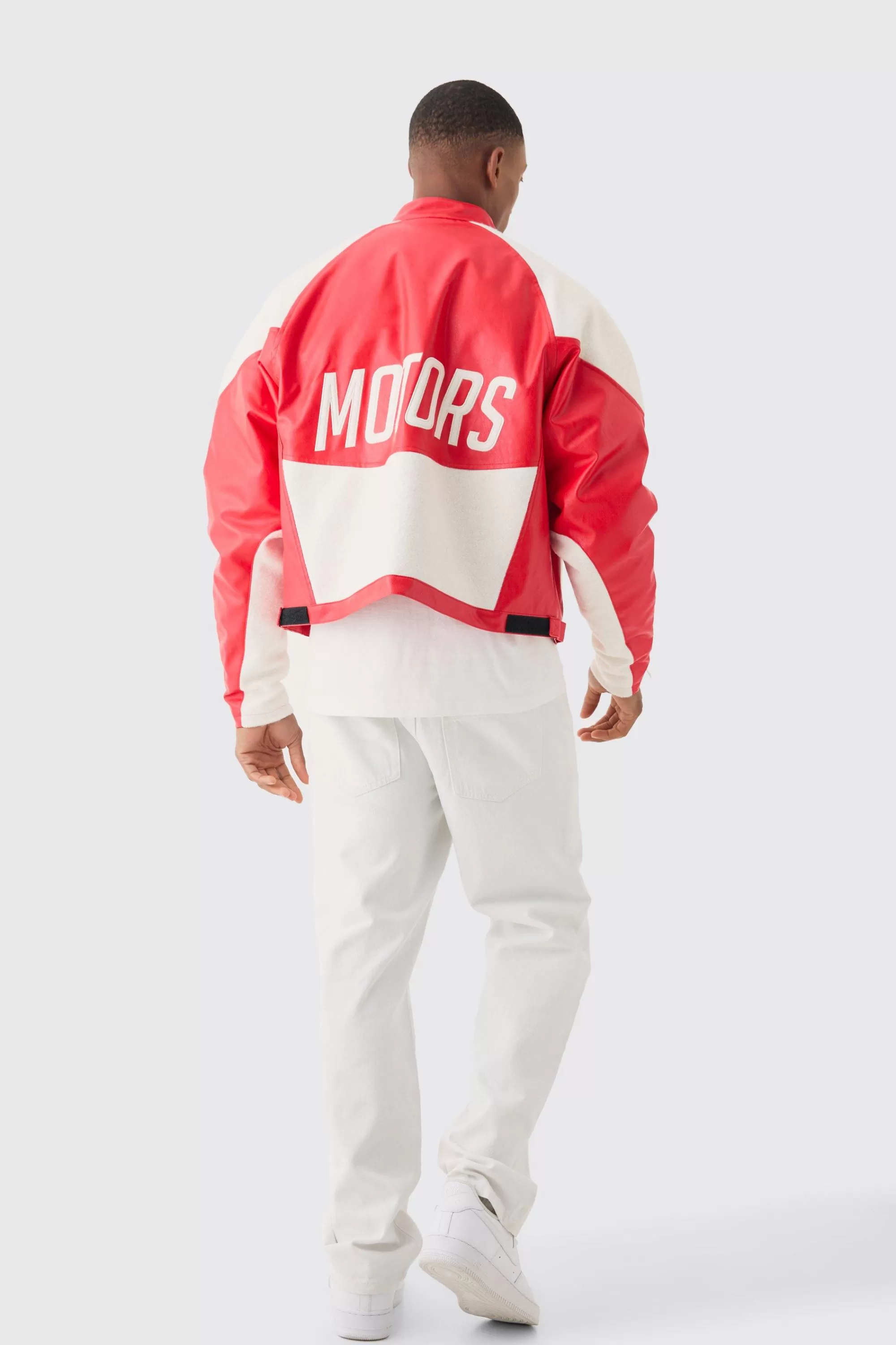 boohooMAN Boxy Pu Contrast Boucle Panel Moto Jacket | UK