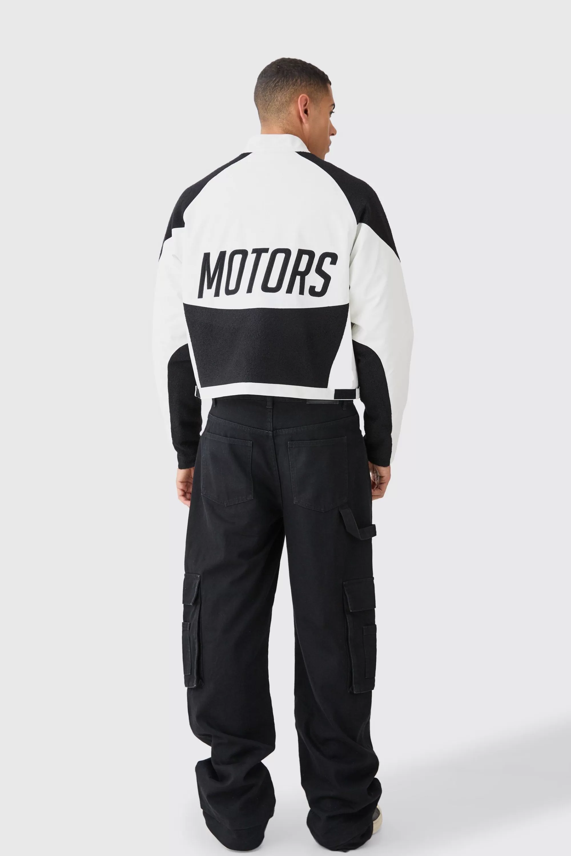 boohooMAN Boxy Pu Contrast Boucle Panel Moto Jacket | UK