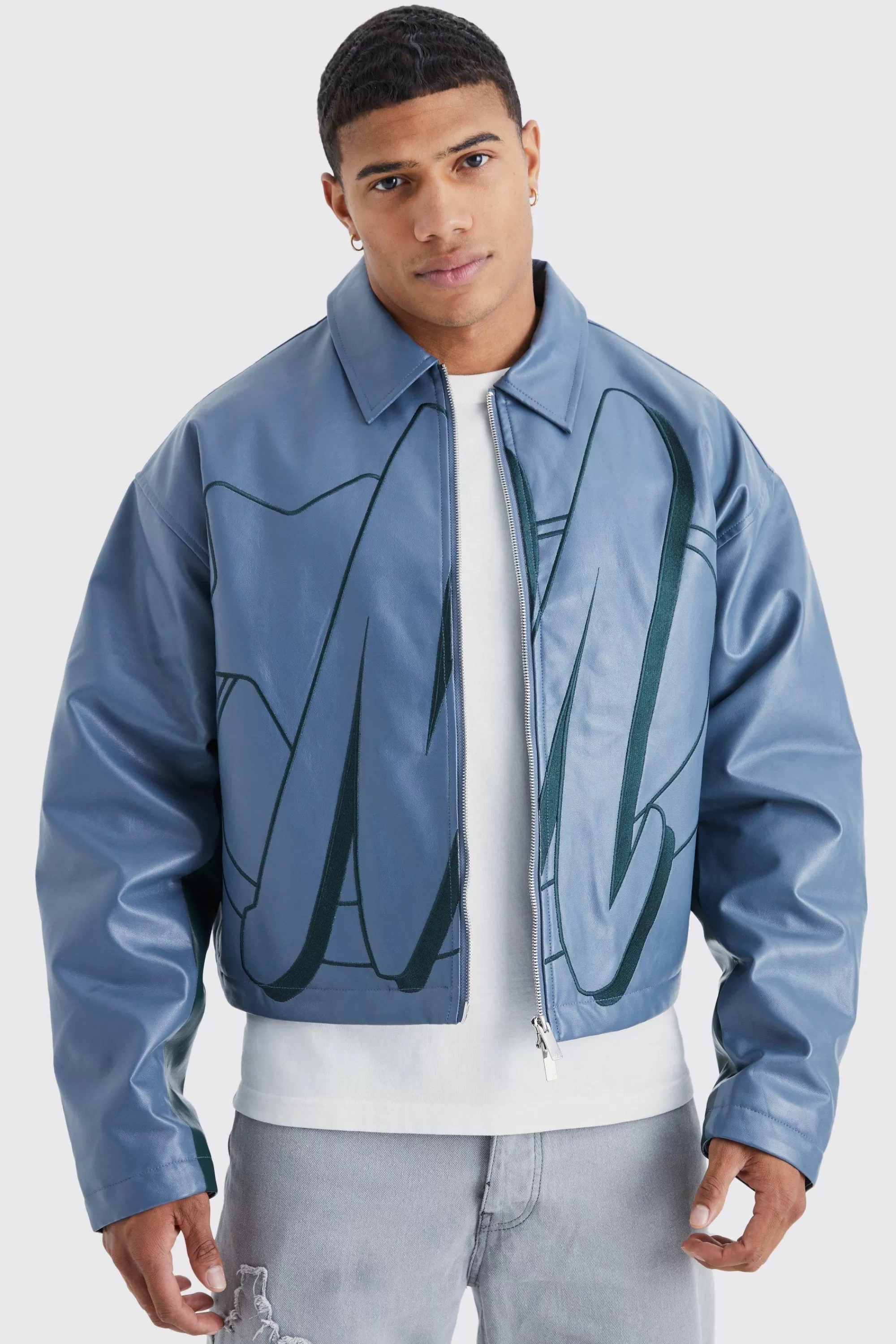 boohooMAN Boxy Pu Contrast Embroidery Bomber | UK