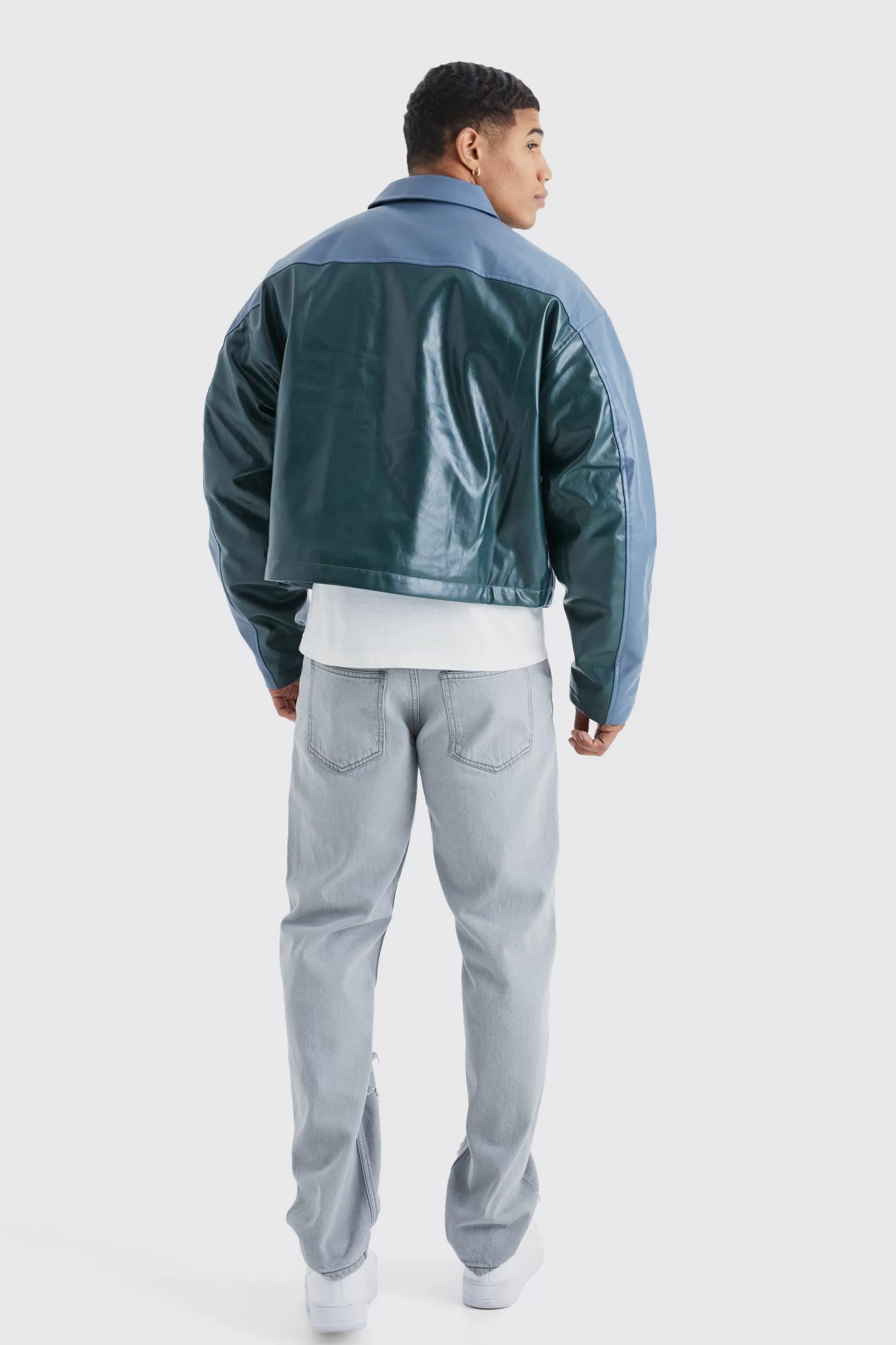 boohooMAN Boxy Pu Contrast Embroidery Bomber | UK