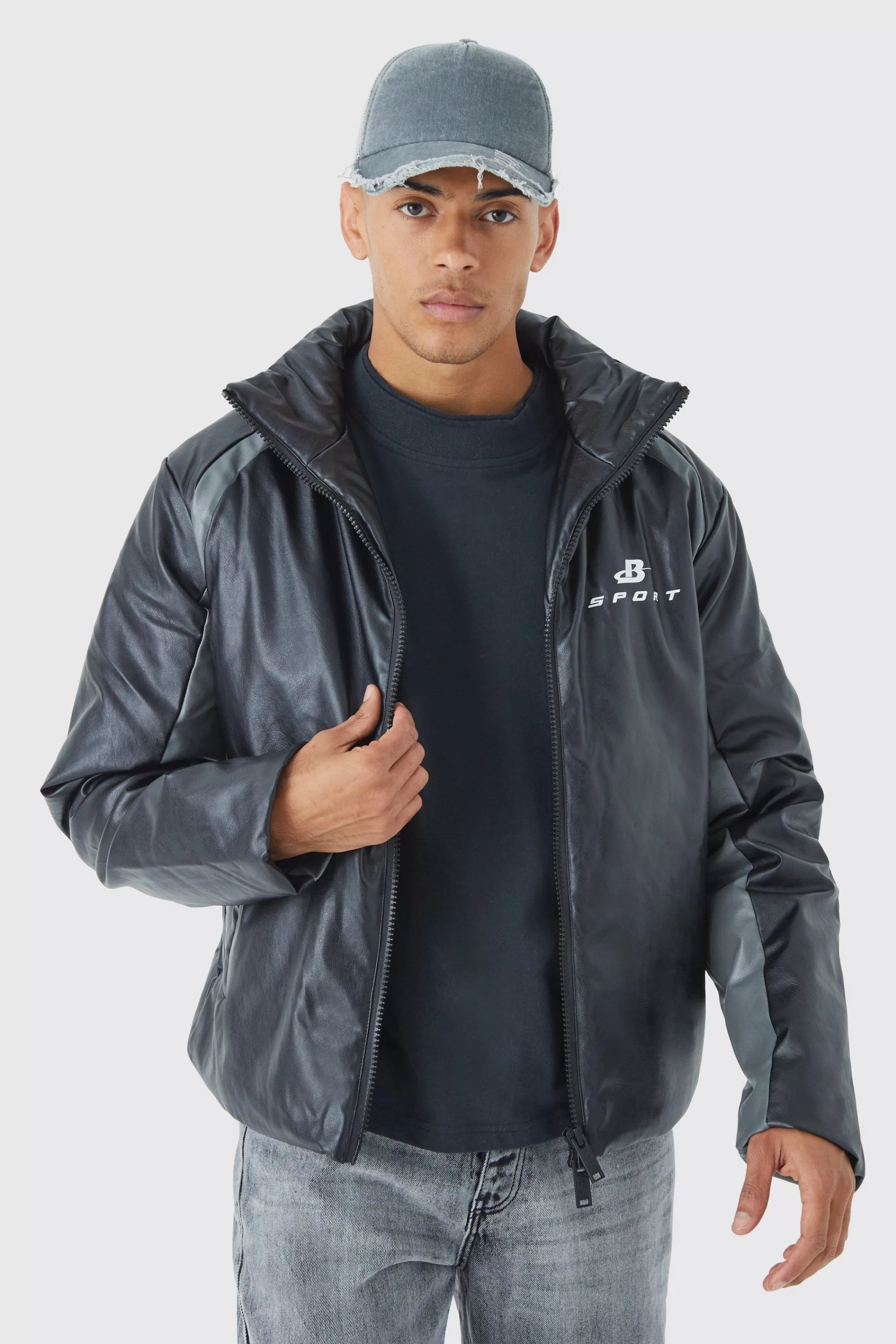 boohooMAN Boxy Pu Moto Pannelled Puffer | UK