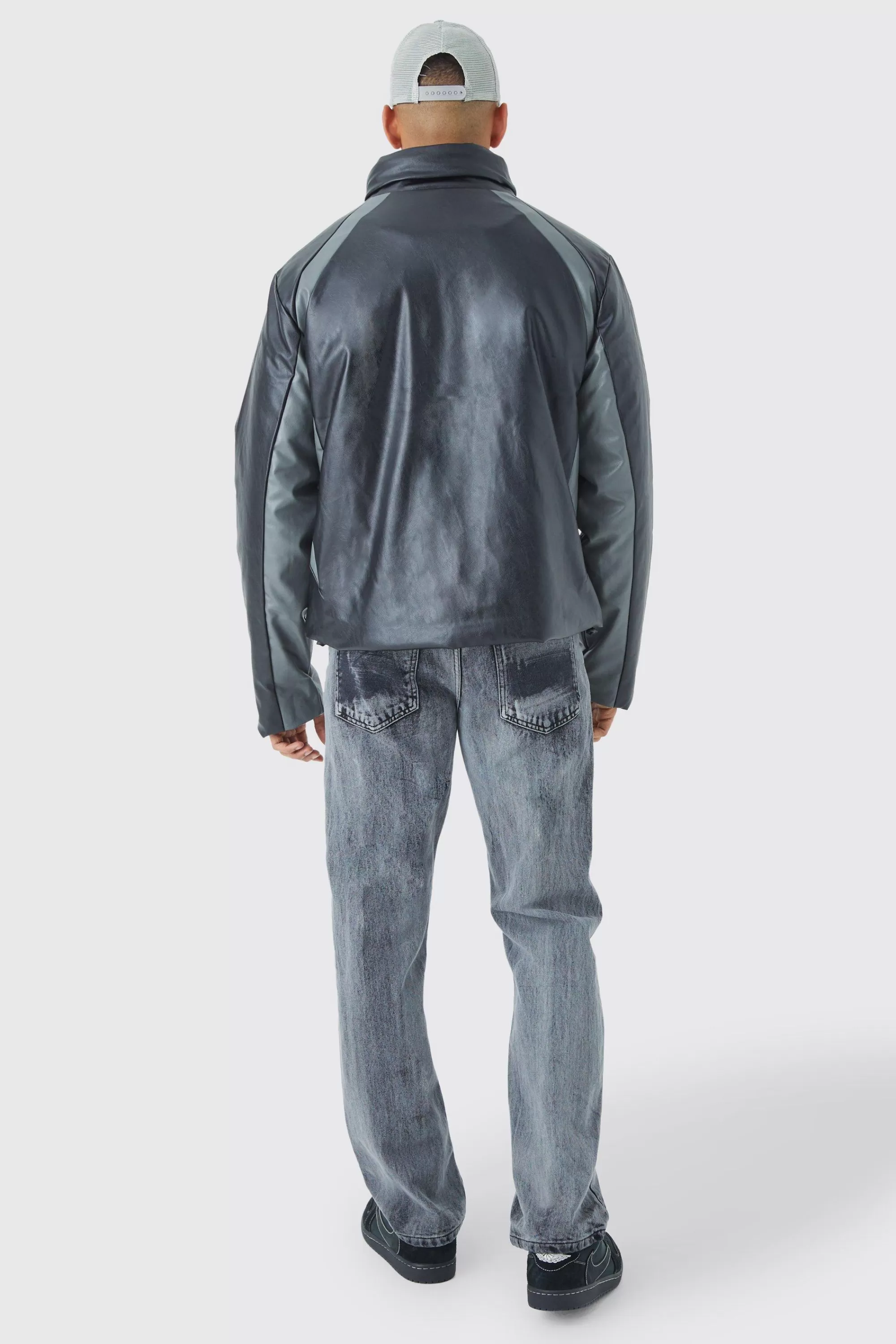 boohooMAN Boxy Pu Moto Pannelled Puffer | UK