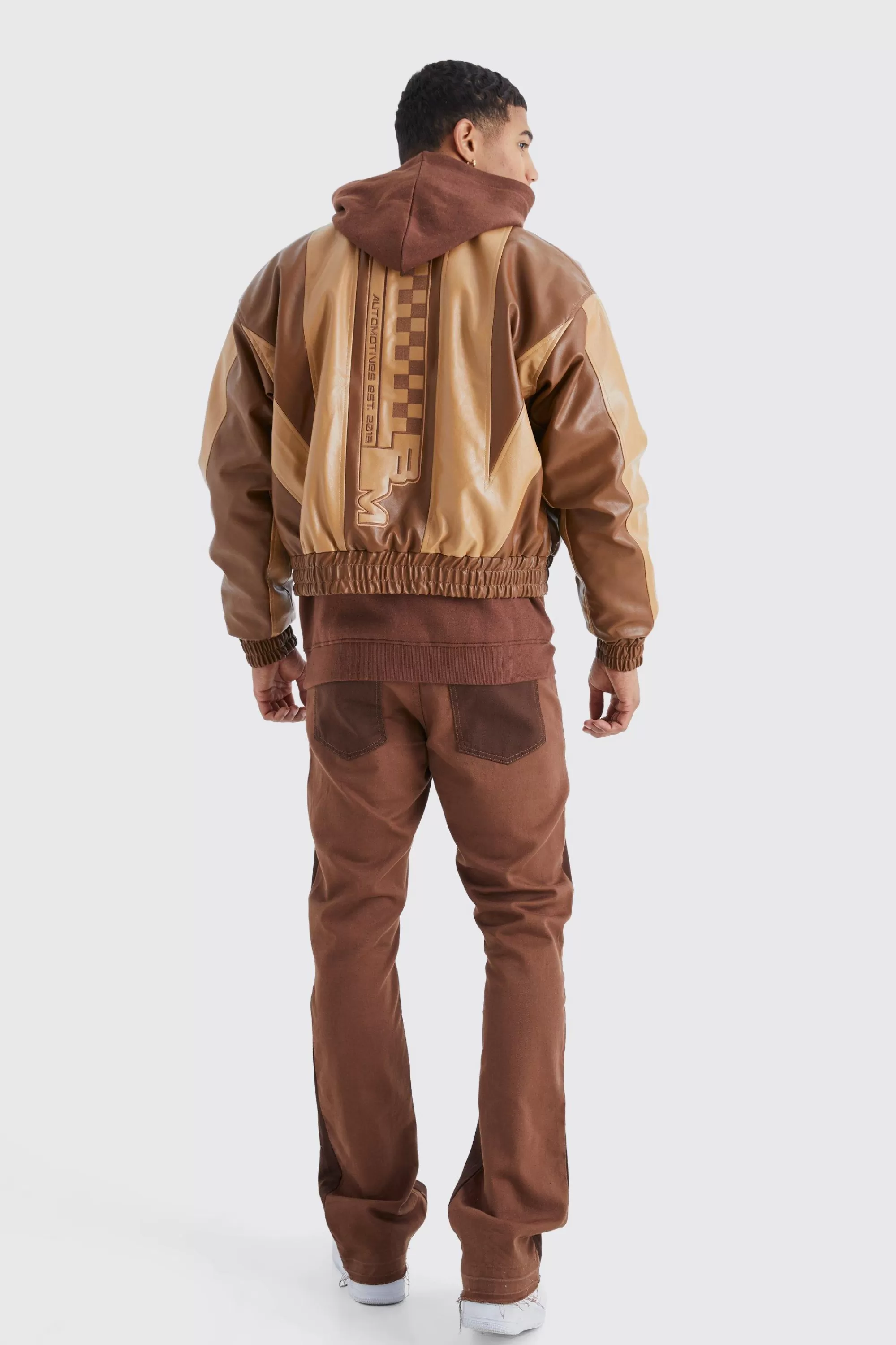 boohooMAN Boxy Pu Panelled Applique Moto Jacket | UK