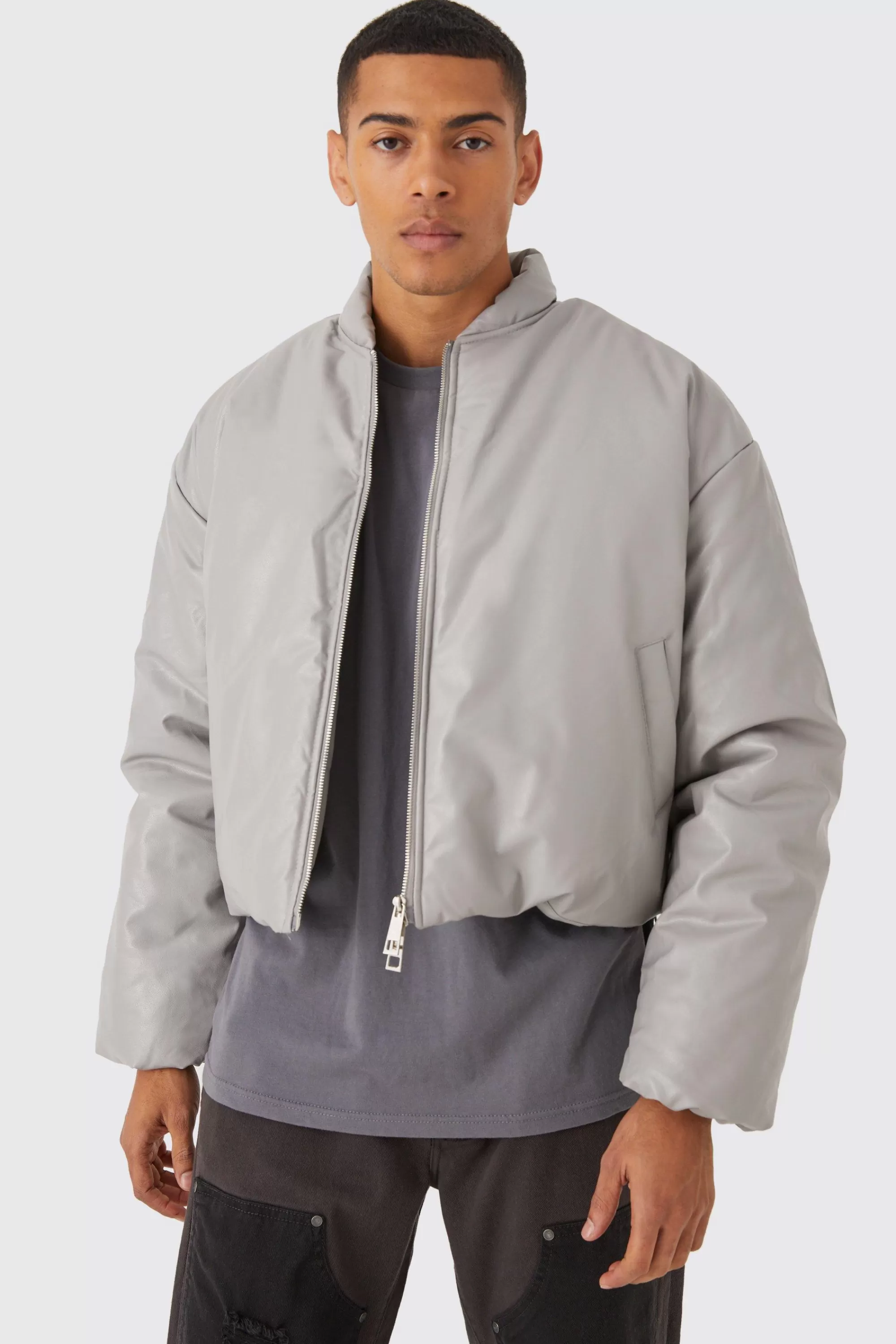boohooMAN Boxy Pu Volume Padded Puffer Bomber | UK