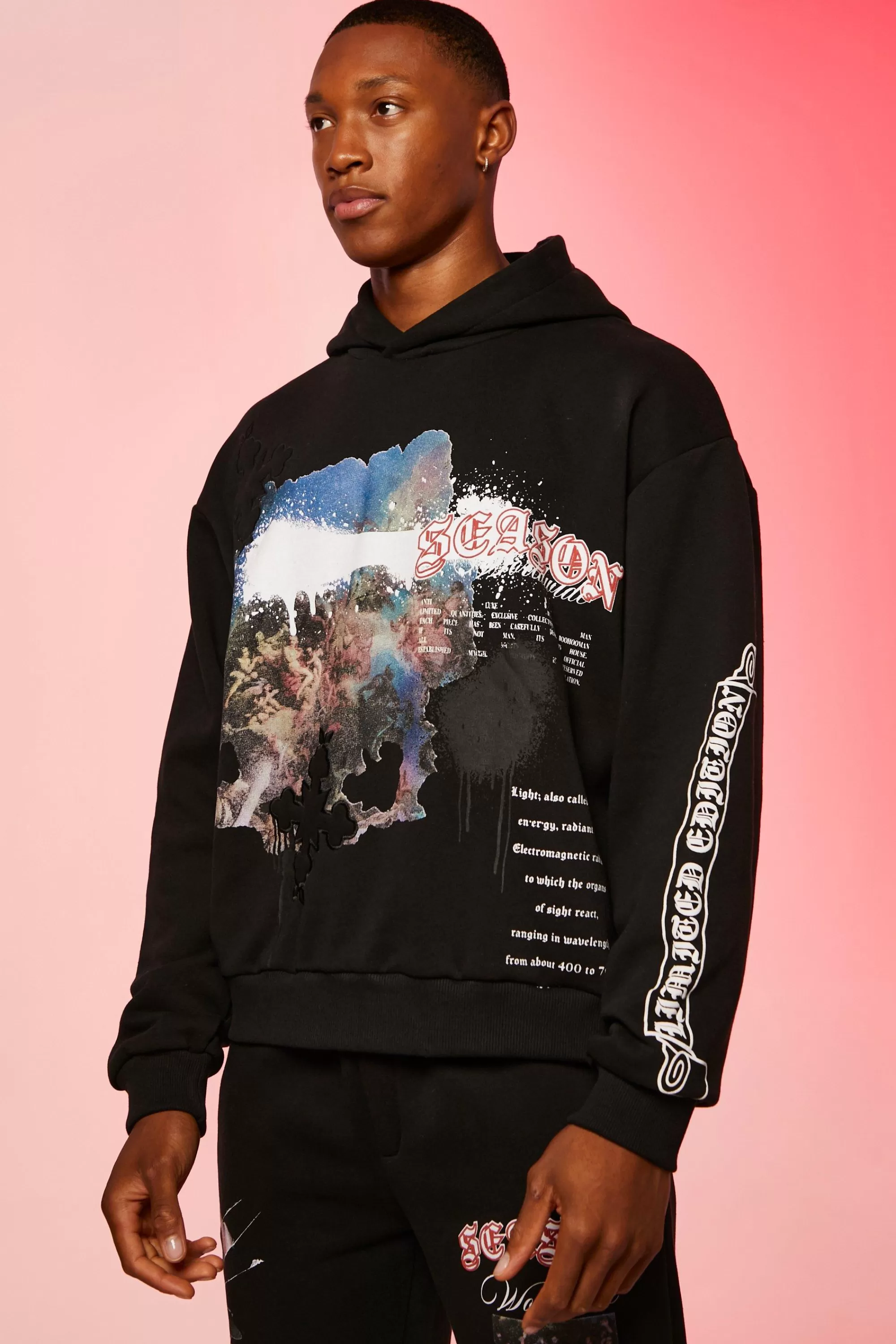 boohooMAN Boxy Renaissance Puff Print Hoodie | UK