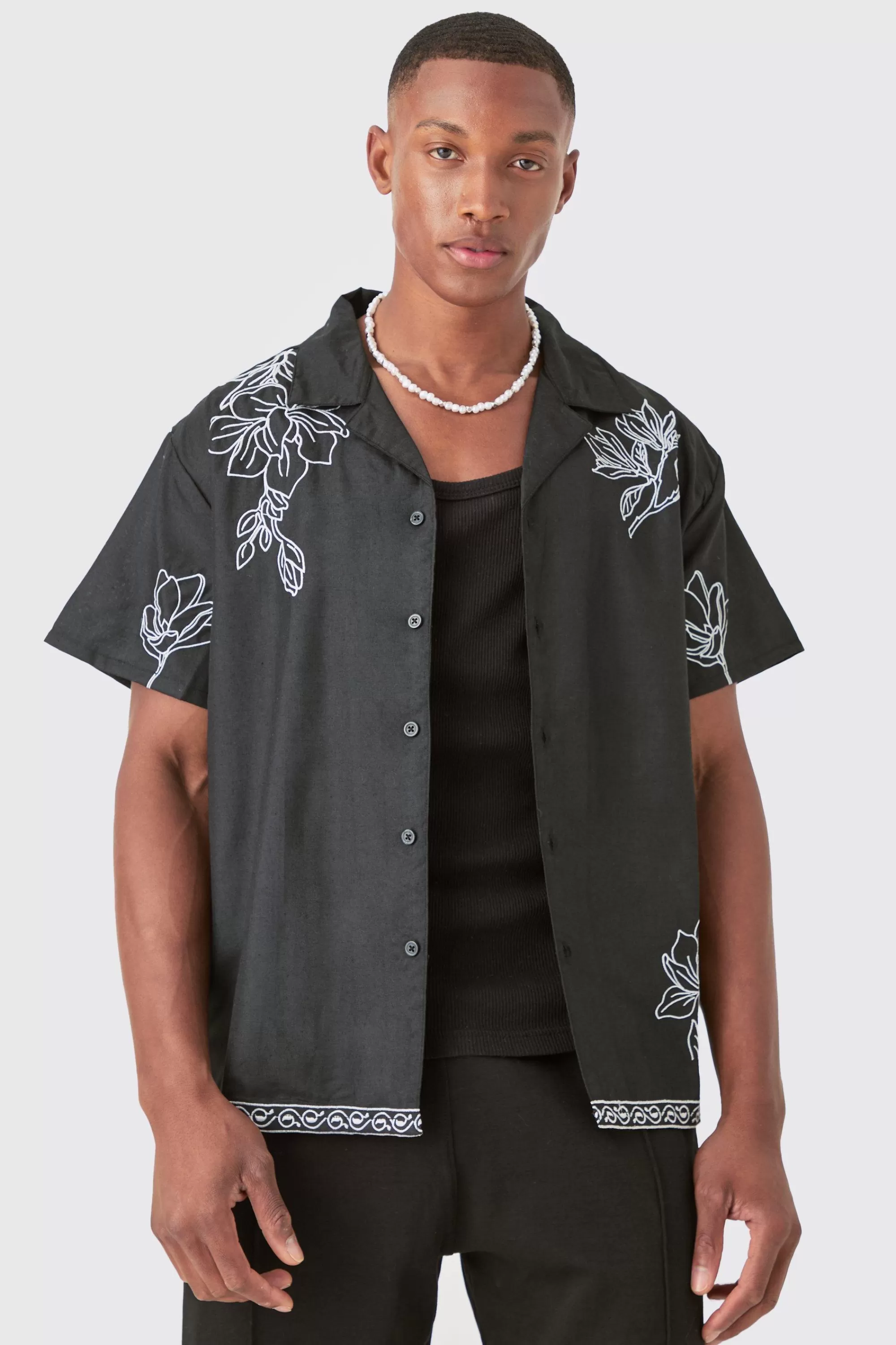boohooMAN Boxy Revere Floral Pocket Embroidery Shirt | UK