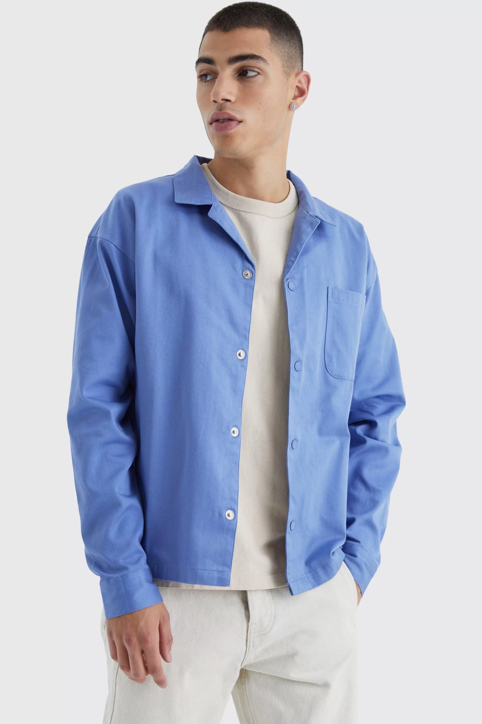 boohooMAN Boxy Revere Harrington Twill Overshirt | UK