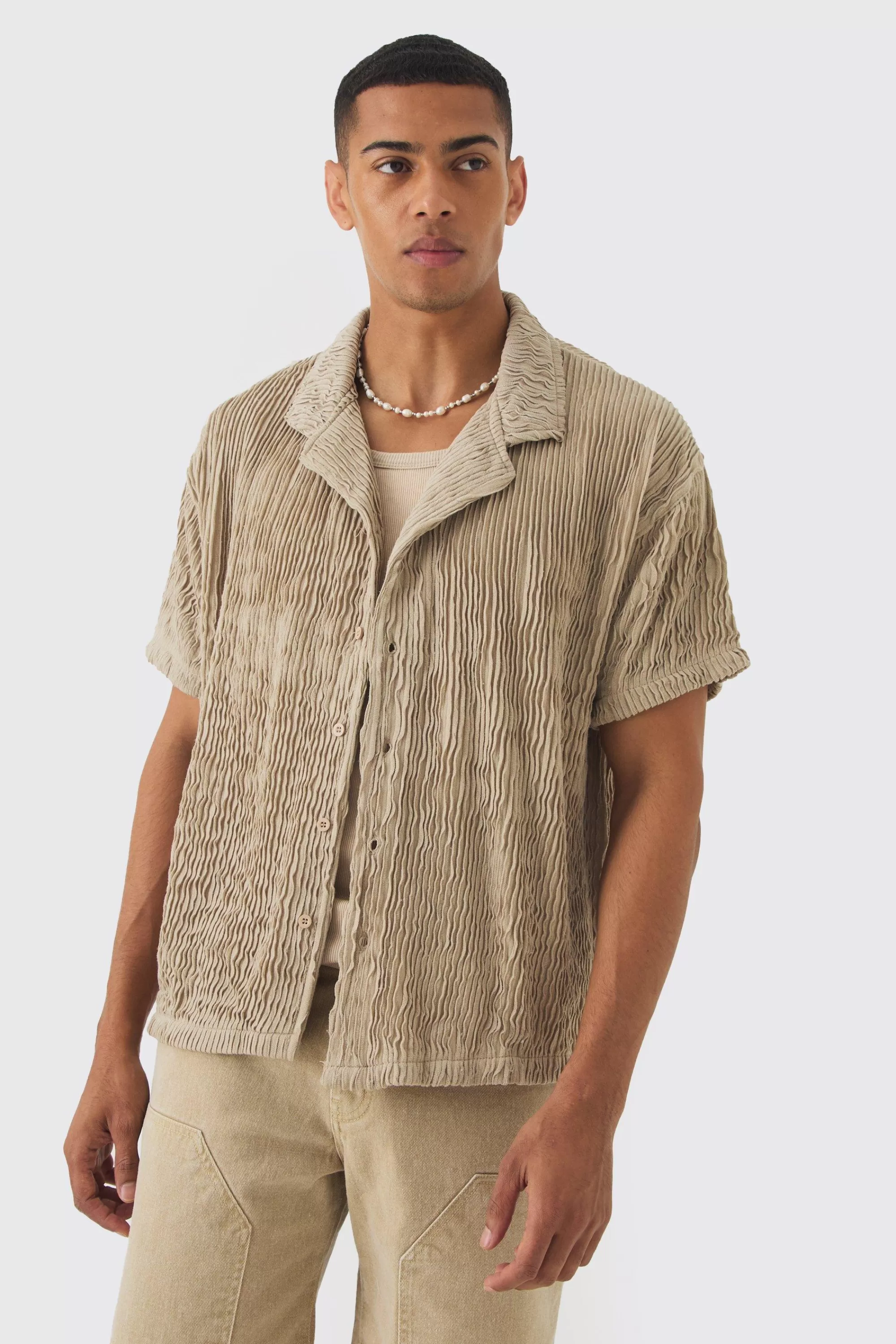 boohooMAN Boxy Ripple Pleated Shirt | UK
