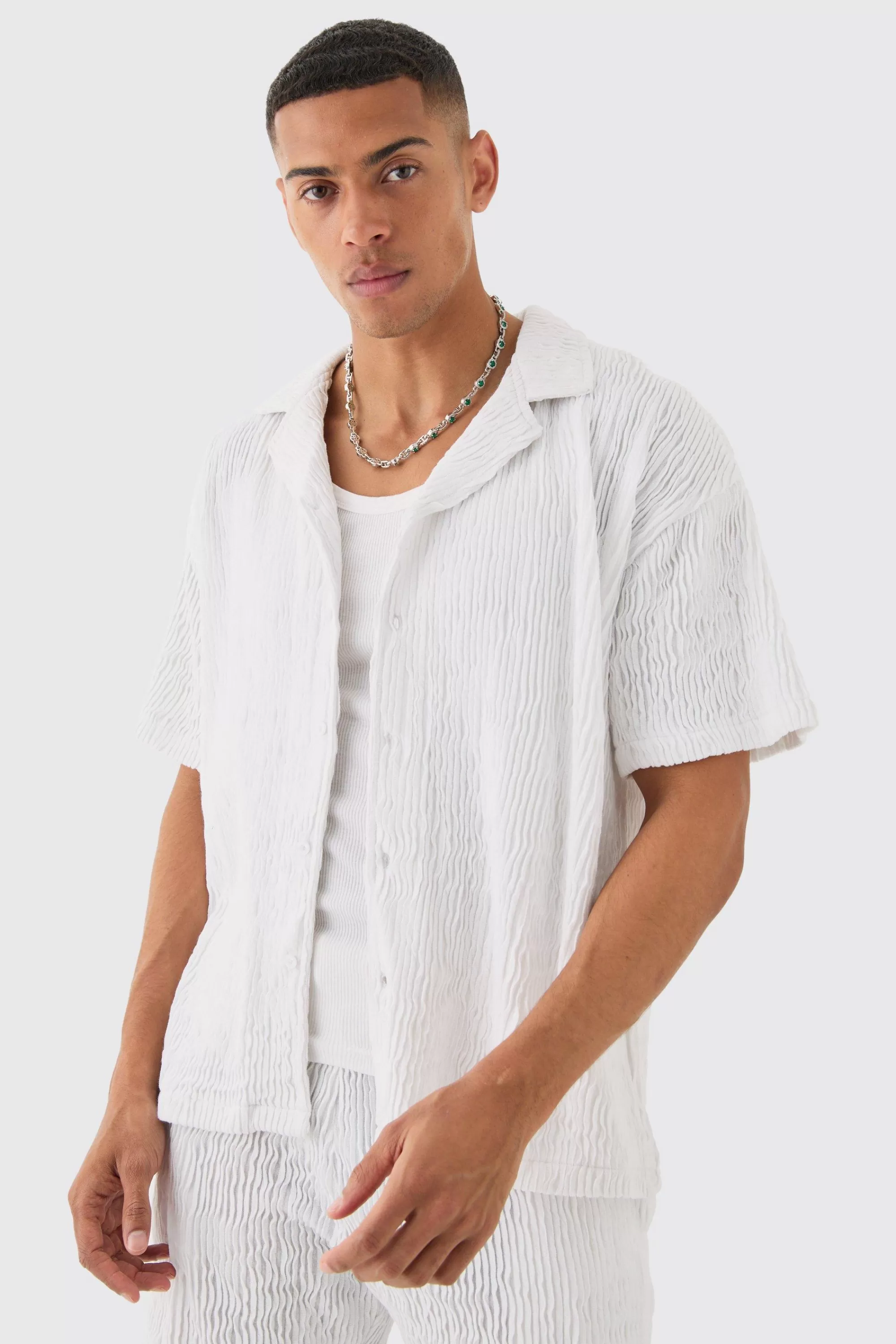boohooMAN Boxy Ripple Pleated Shirt | UK