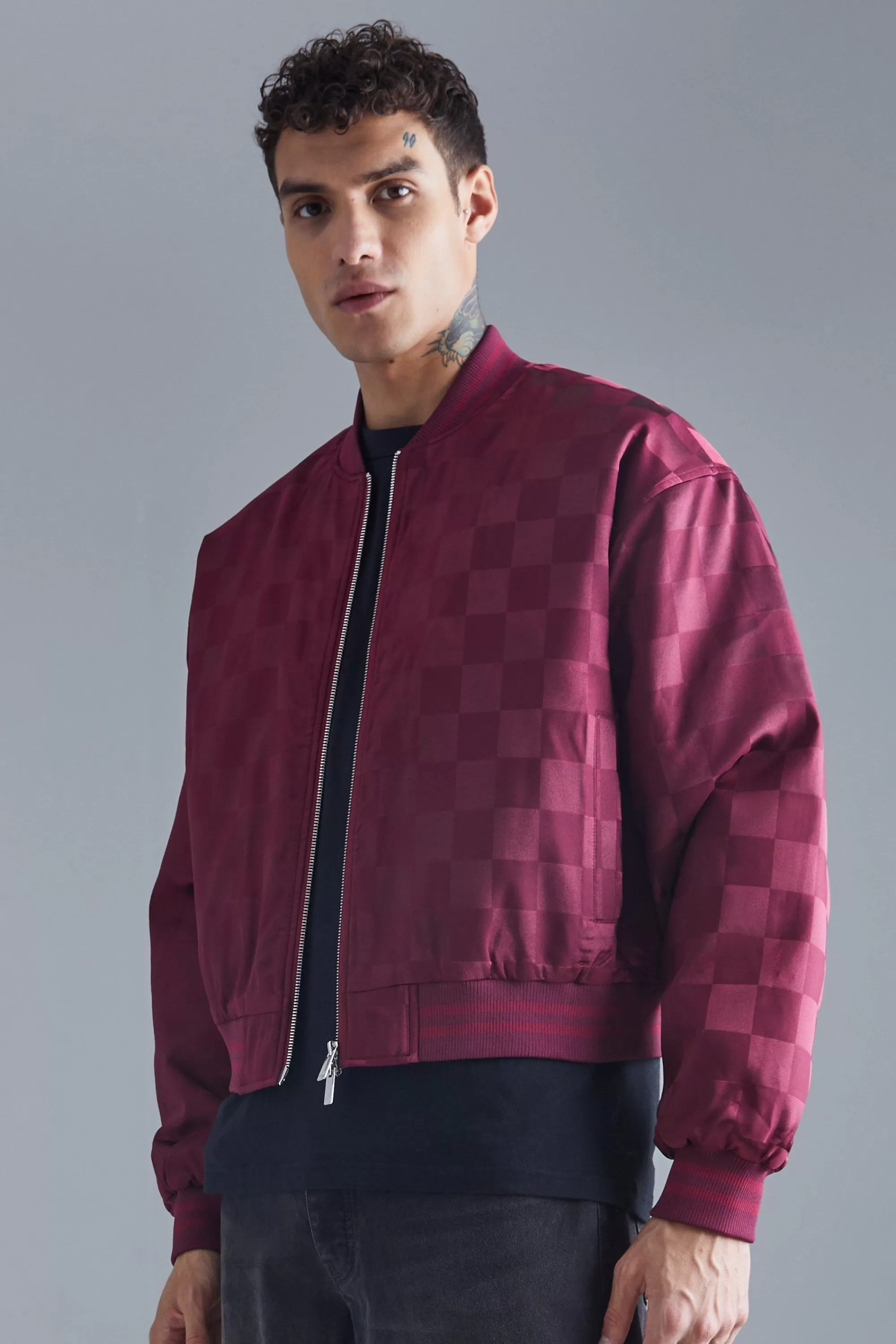 boohooMAN Boxy Satin Checkerboard Bomber | UK