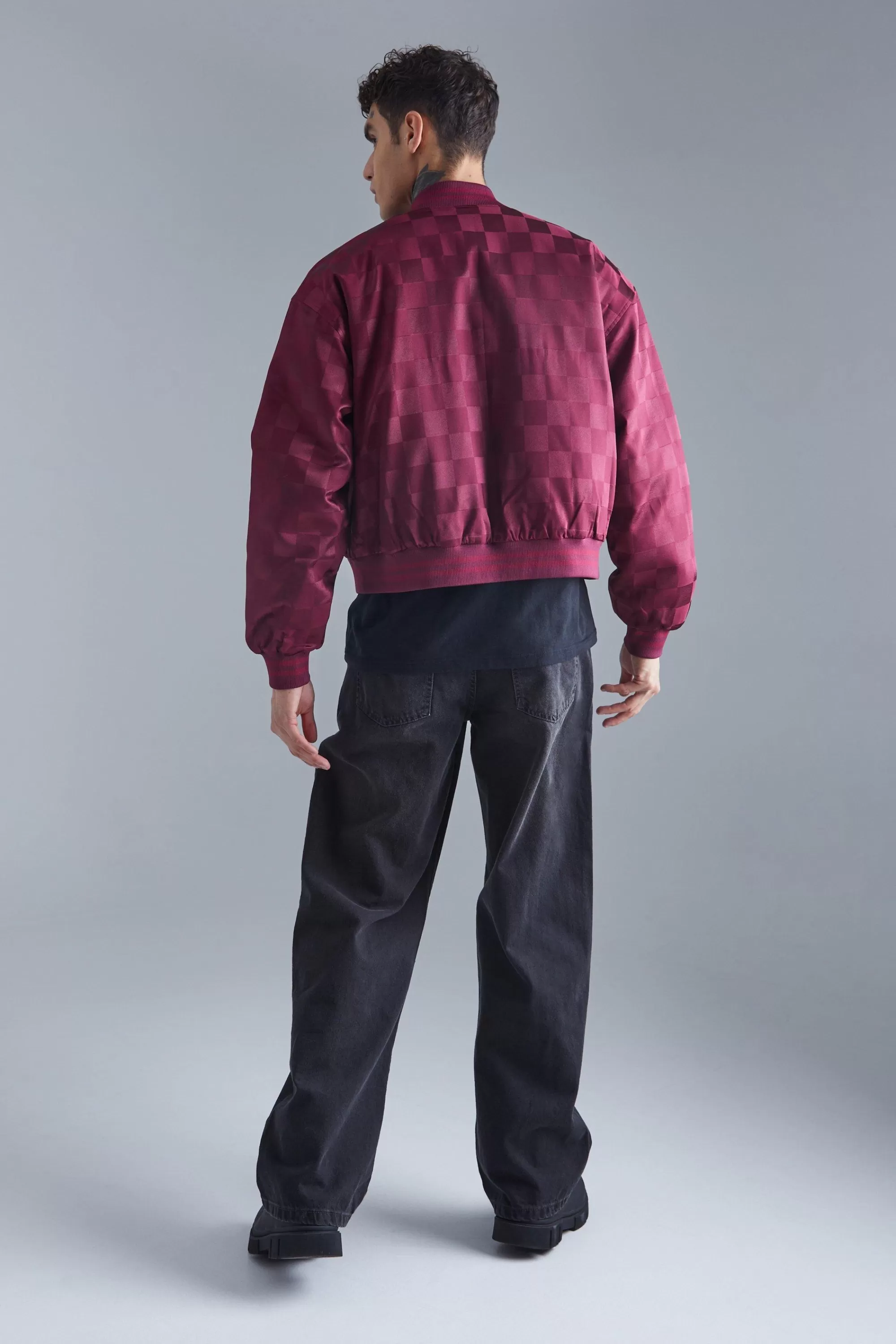 boohooMAN Boxy Satin Checkerboard Bomber | UK