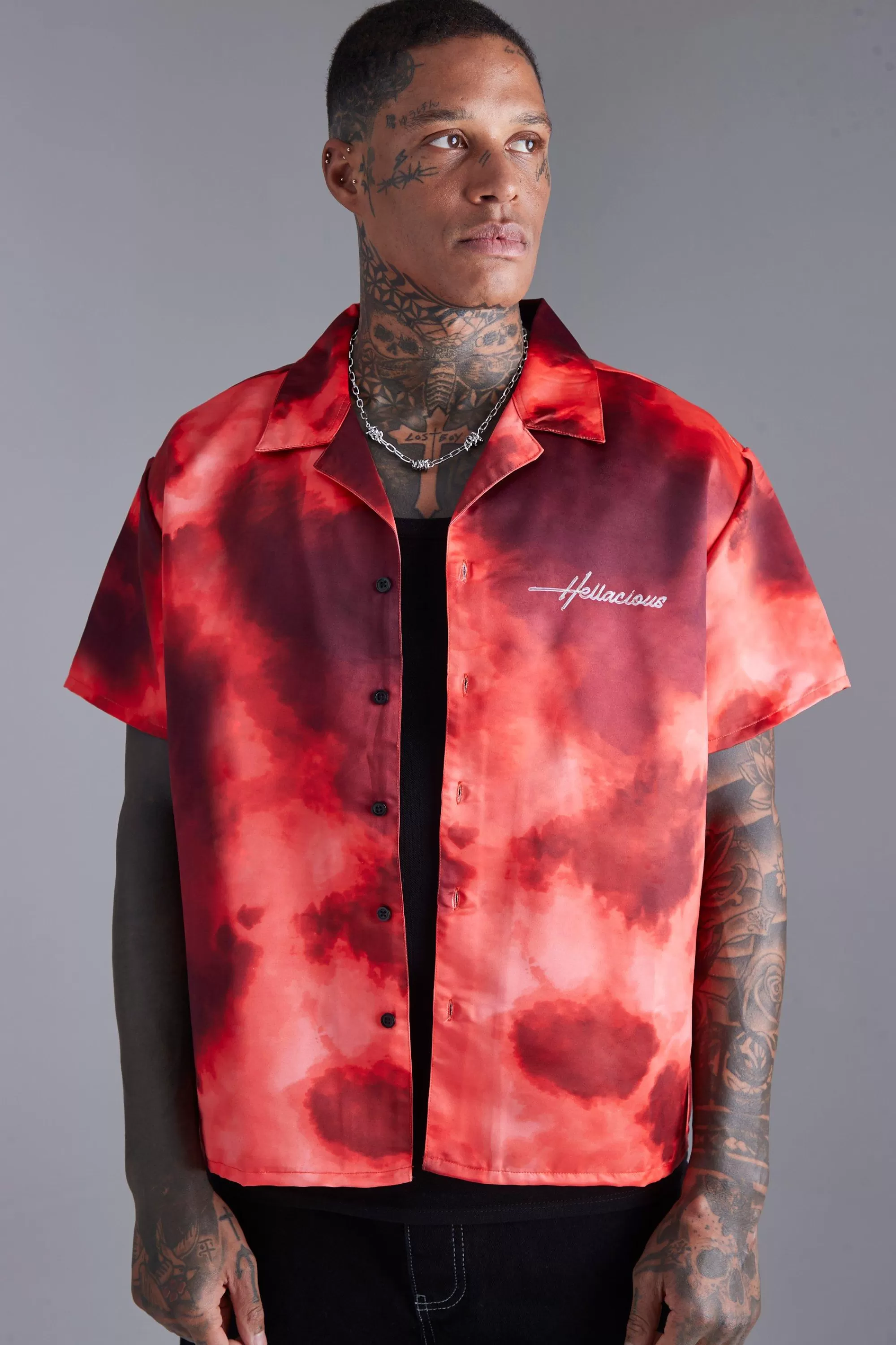 boohooMAN Boxy Satin Graphic Back Print Shirt | UK