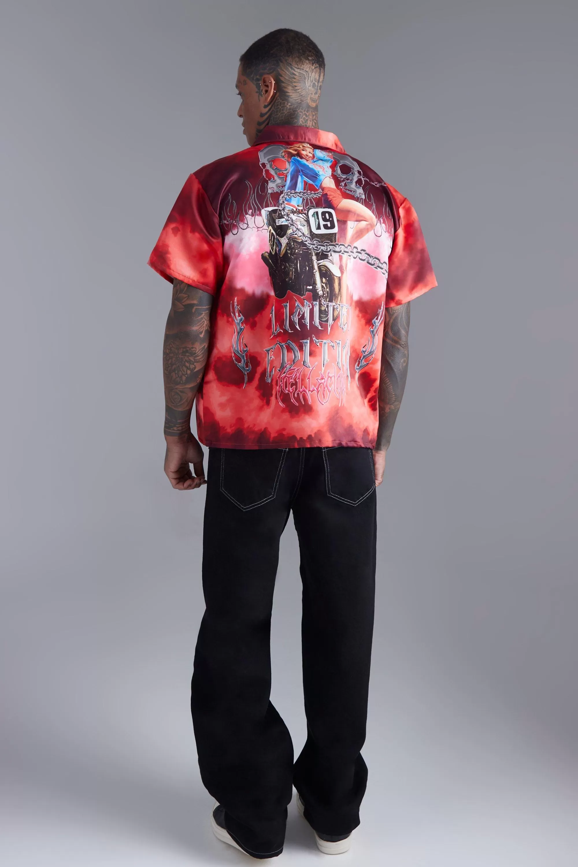 boohooMAN Boxy Satin Graphic Back Print Shirt | UK