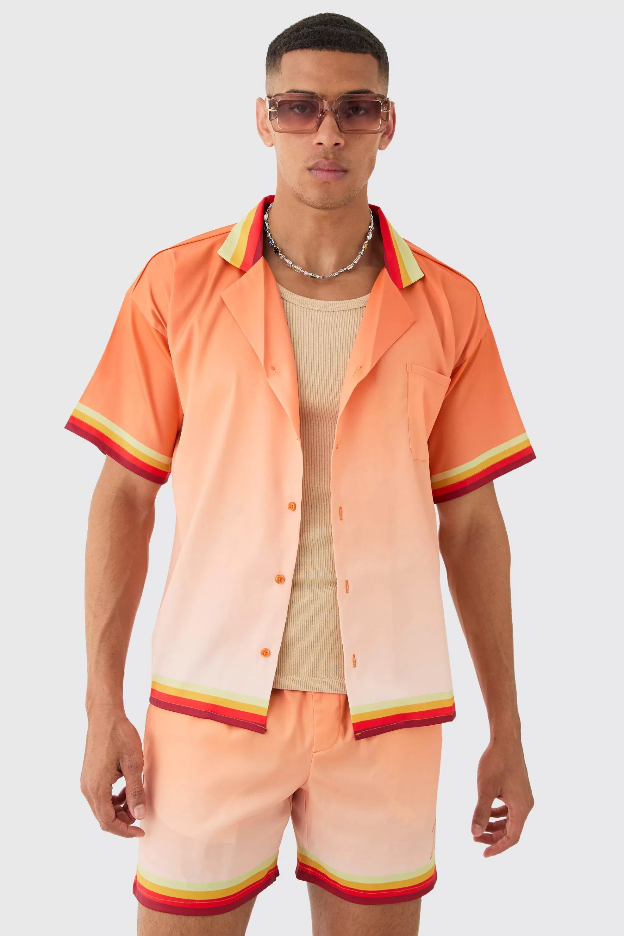 boohooMAN Boxy Satin Ombre Short Sleeve Shirt & Short Set | UK