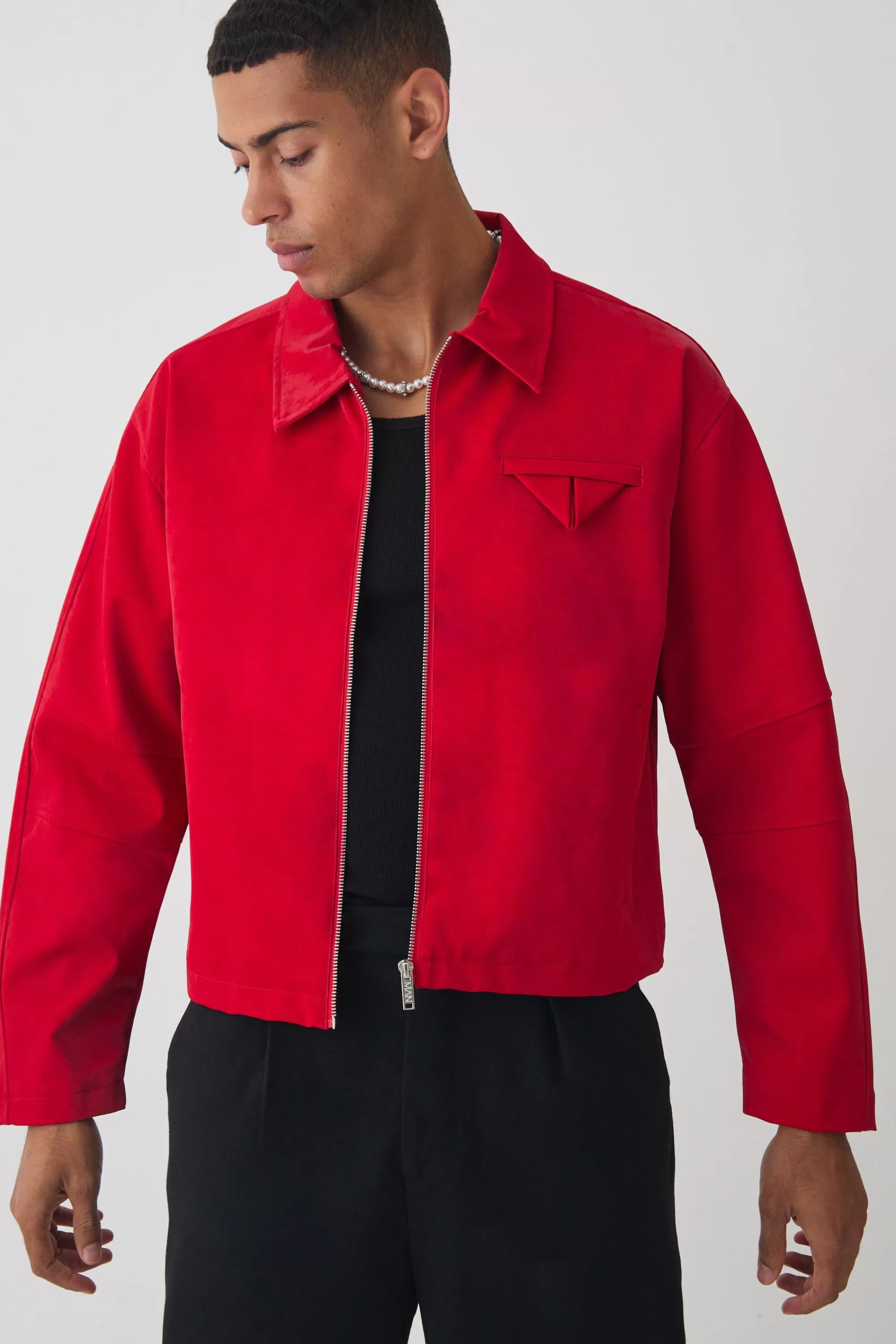boohooMAN Boxy Satin PU Dogtooth Harrington Jacket In | UK