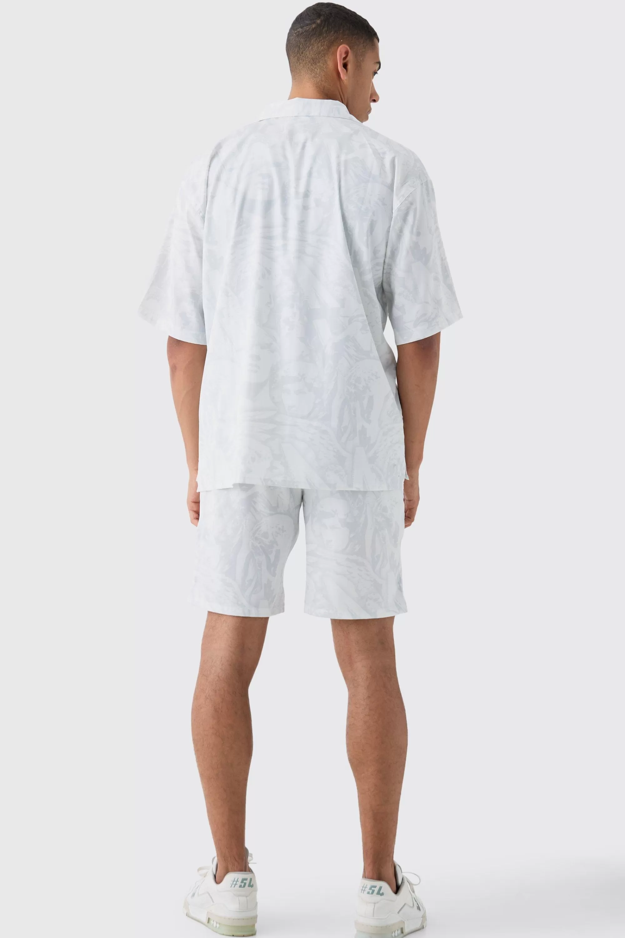 boohooMAN Boxy Satin Revere Collar Print Shirt And Short Set In | UK