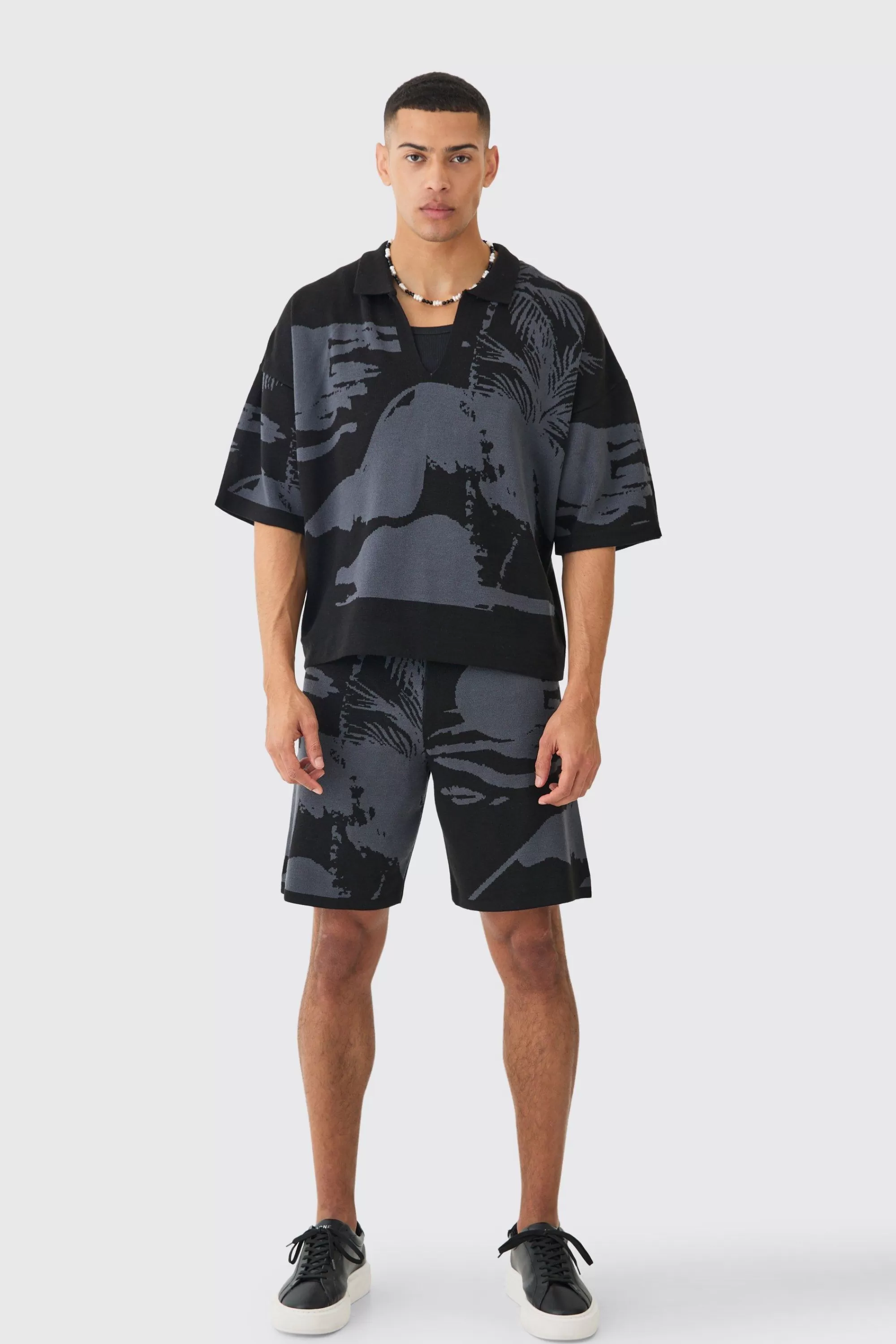 boohooMAN Boxy Scenic Polo And Short Set | UK