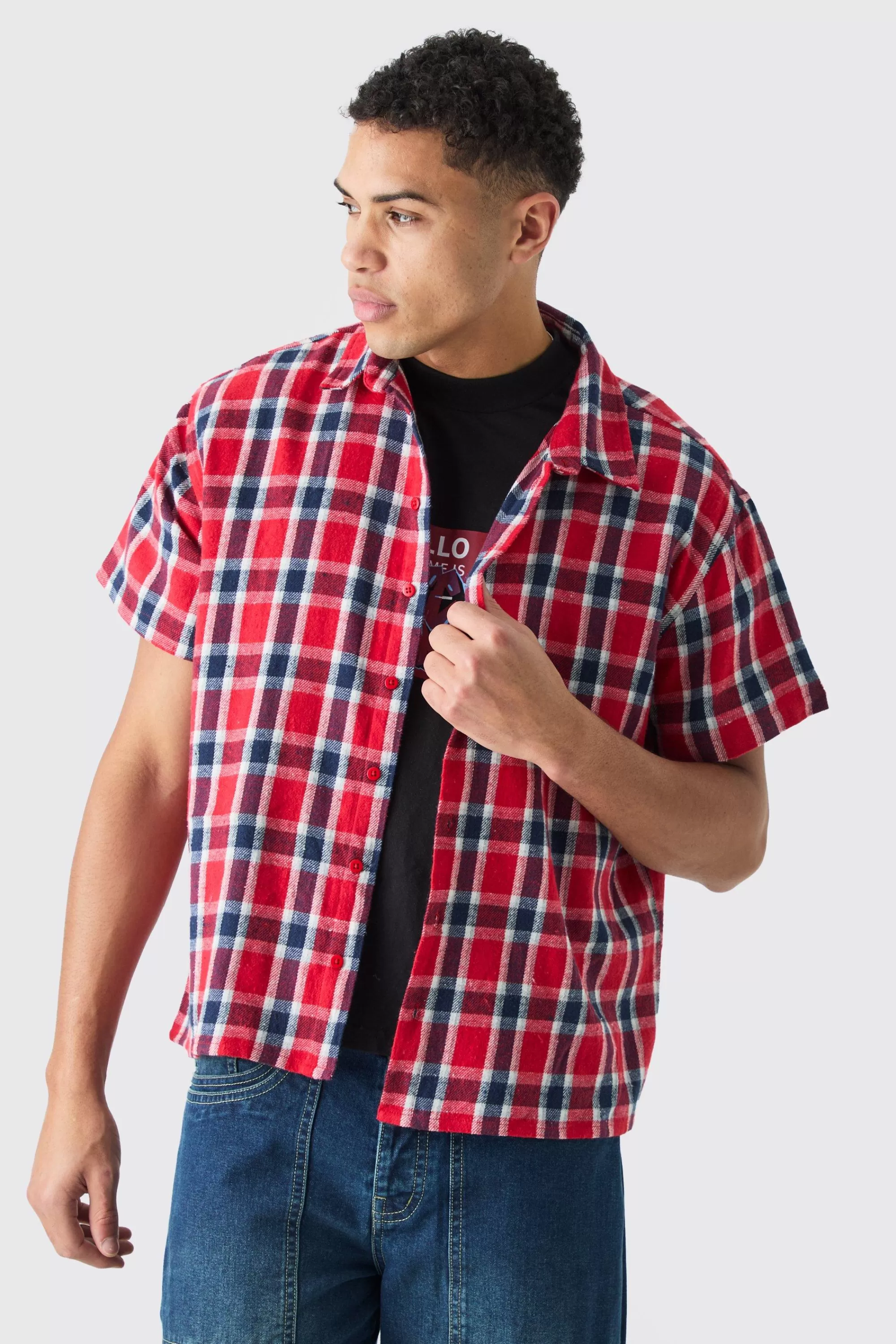 boohooMAN Boxy Short Sleeve Back Vent Check Shirt | UK