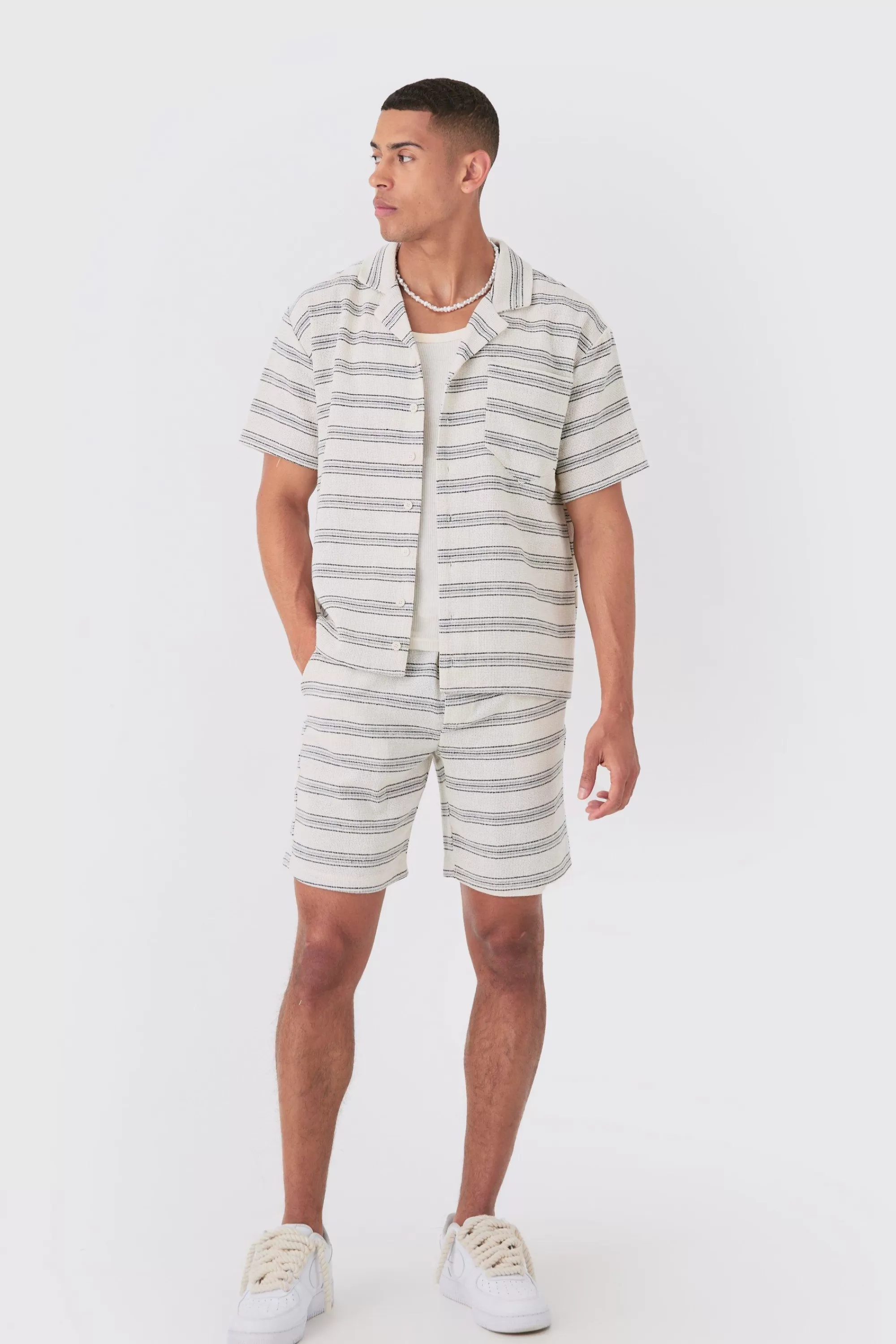 boohooMAN Boxy Short Sleeve Open Weave Shirt & Short Set | UK
