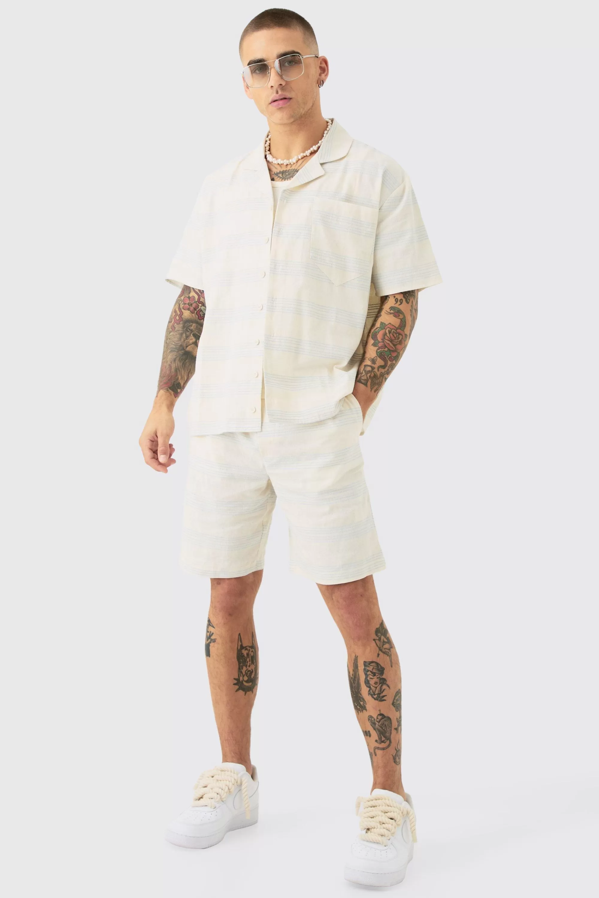 boohooMAN Boxy Short Sleeve Open Weave Shirt & Short Set | UK