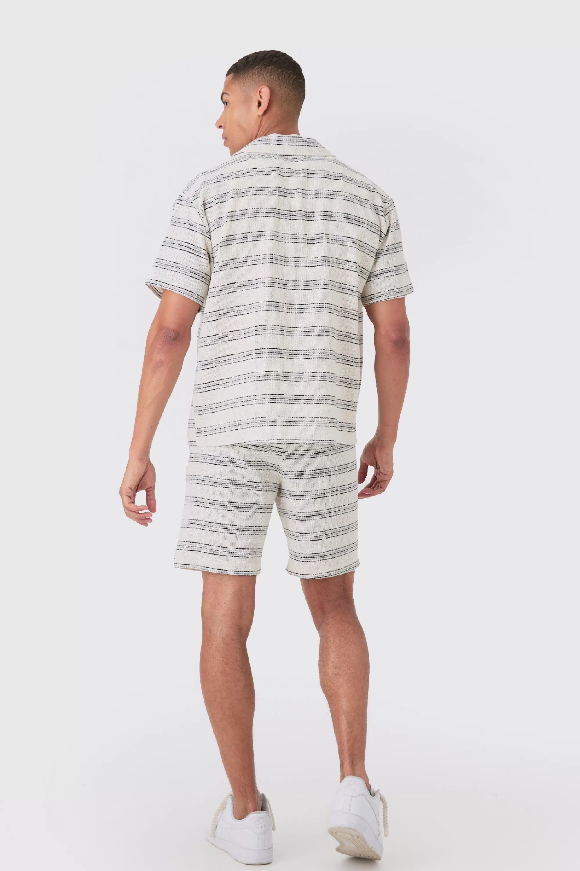 boohooMAN Boxy Short Sleeve Open Weave Shirt & Short Set | UK