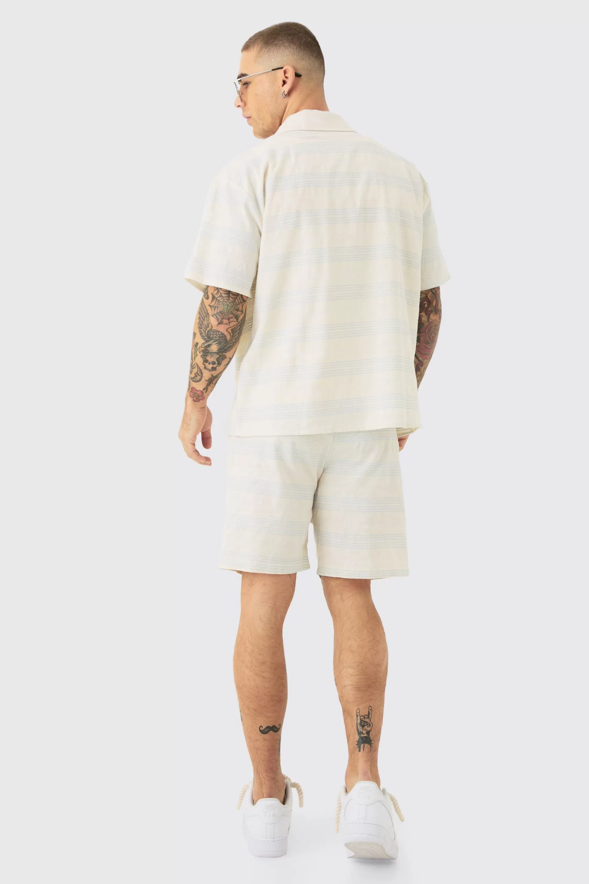 boohooMAN Boxy Short Sleeve Open Weave Shirt & Short Set | UK