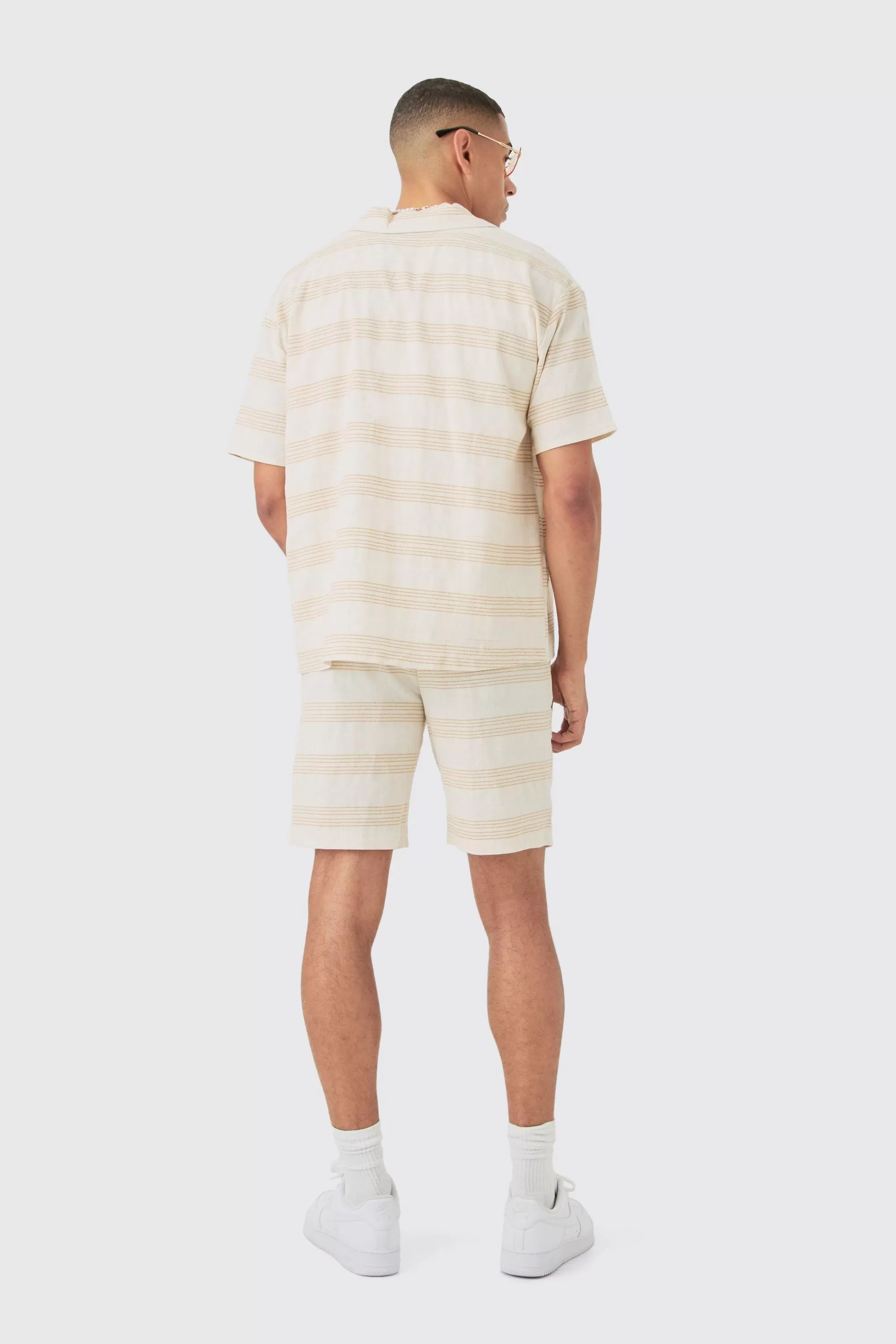boohooMAN Boxy Short Sleeve Open Weave Shirt & Short Set | UK