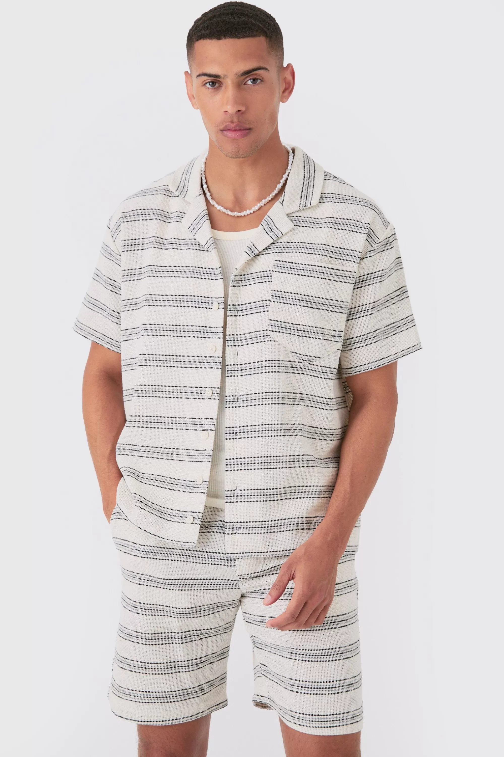 boohooMAN Boxy Short Sleeve Open Weave Shirt & Short Set | UK