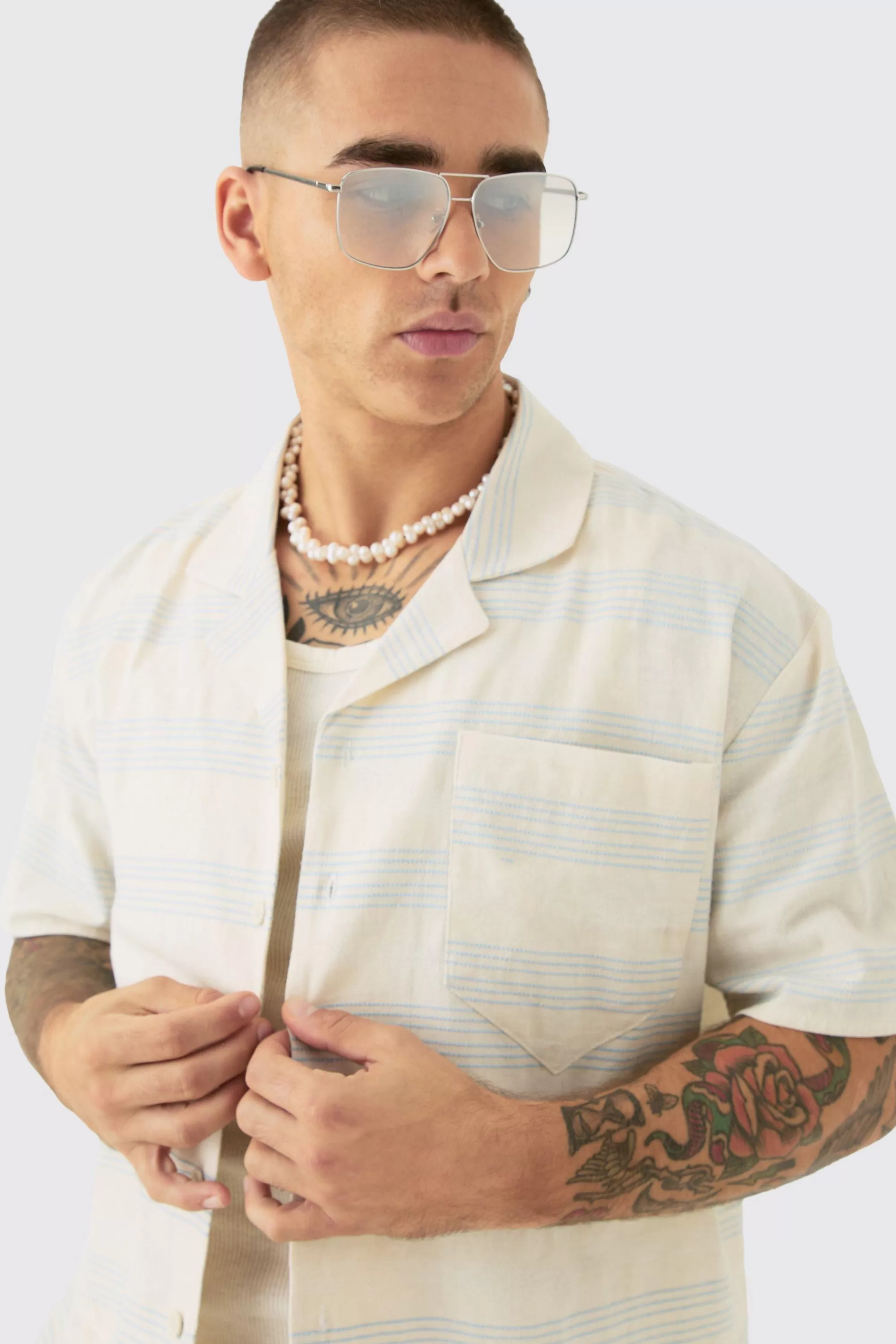 boohooMAN Boxy Short Sleeve Open Weave Shirt & Short Set | UK