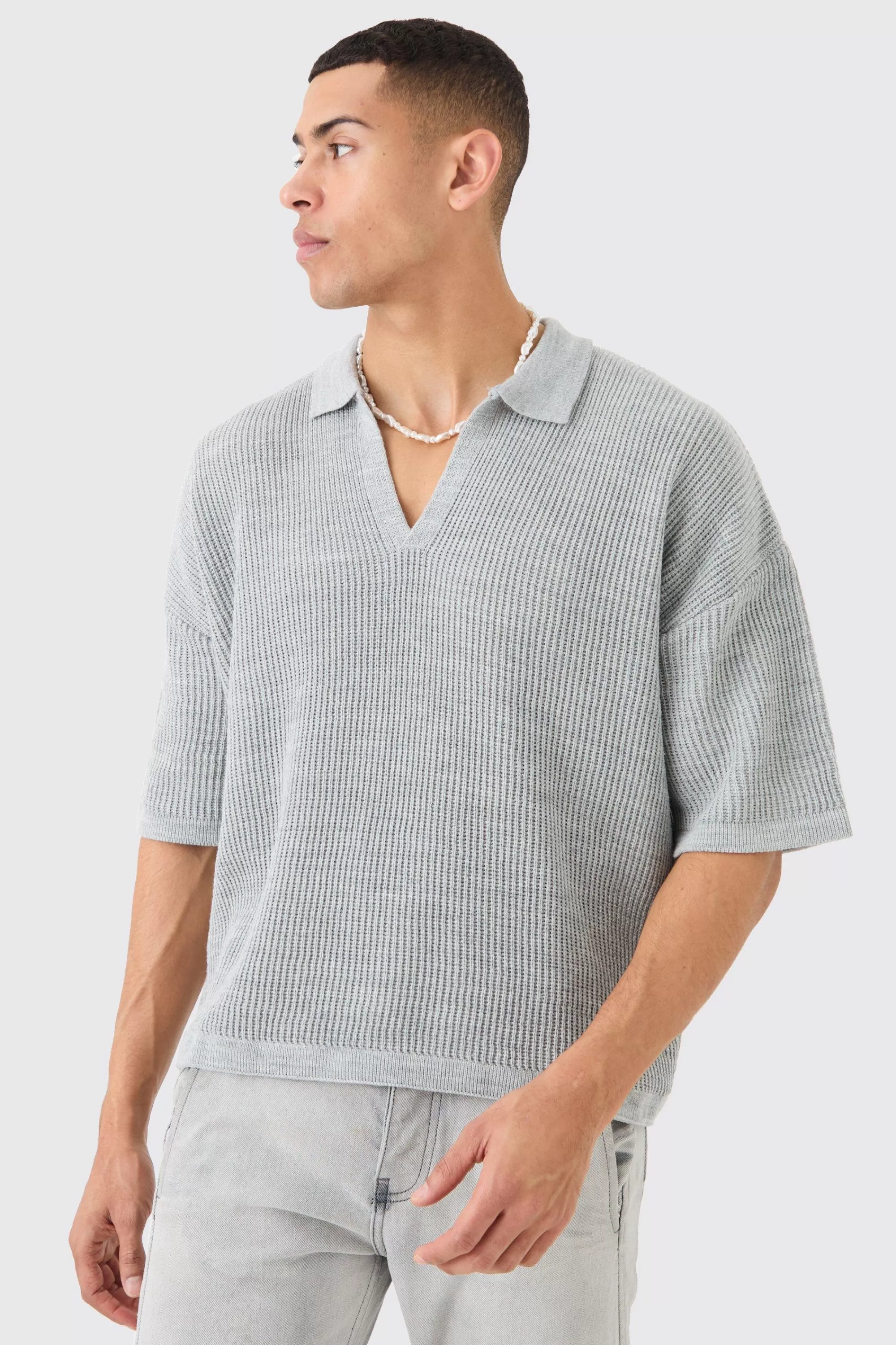 boohooMAN Boxy Short Sleeve Ribbed Knit Polo | UK